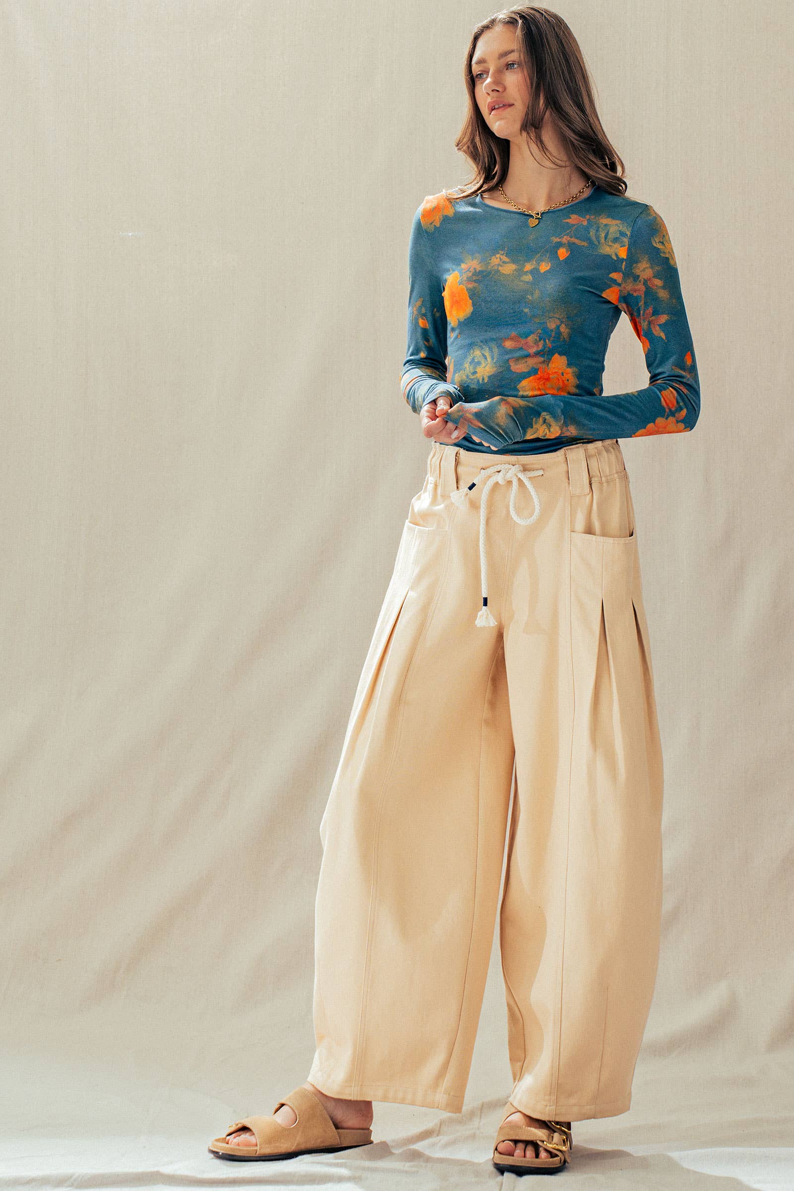 Urban Daizy Rope Drawstring Balloon Pants Pleated Front Brown-Stripe Pants - Women's (UDZ-PT-00481) – alternate view 17