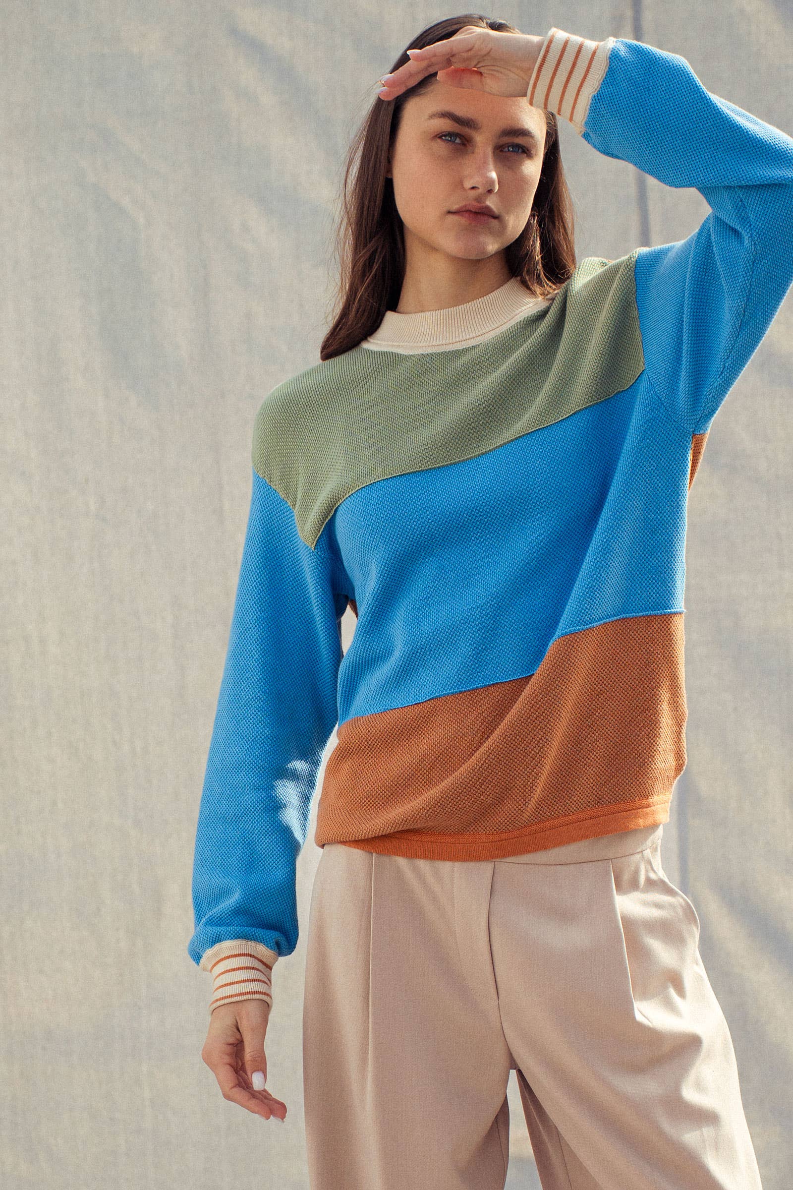 Urban Daizy Striped Cuff Colorblock Crewneck Sweater Rust-Multi Knit Sweater - Women's (UDZ-KN-00957) – alternate view 4