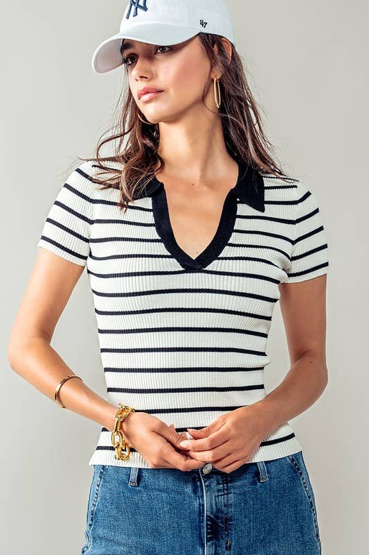 Urban Daizy Ribbed Stripe V-Neck Knit Top Ivory Knit Top - Women's (UDZ-TP-00562) – alternate view 2