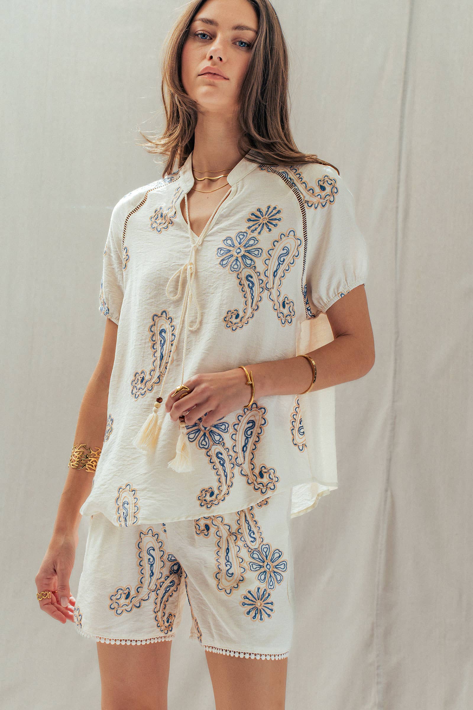Paisley Embroidered Linen Blend Tassel Top