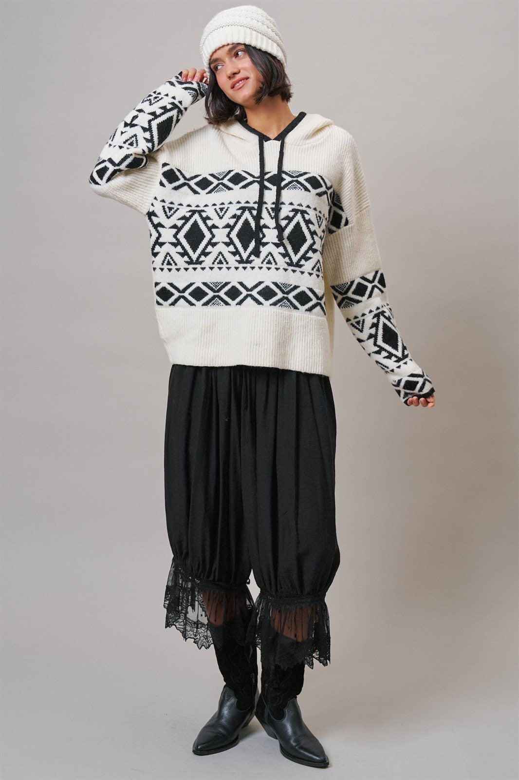 Nordic Fair Isle Hooded Sweater Wool Blend in IVORY BLACK - Women's Sweaters | Urban Daizy
