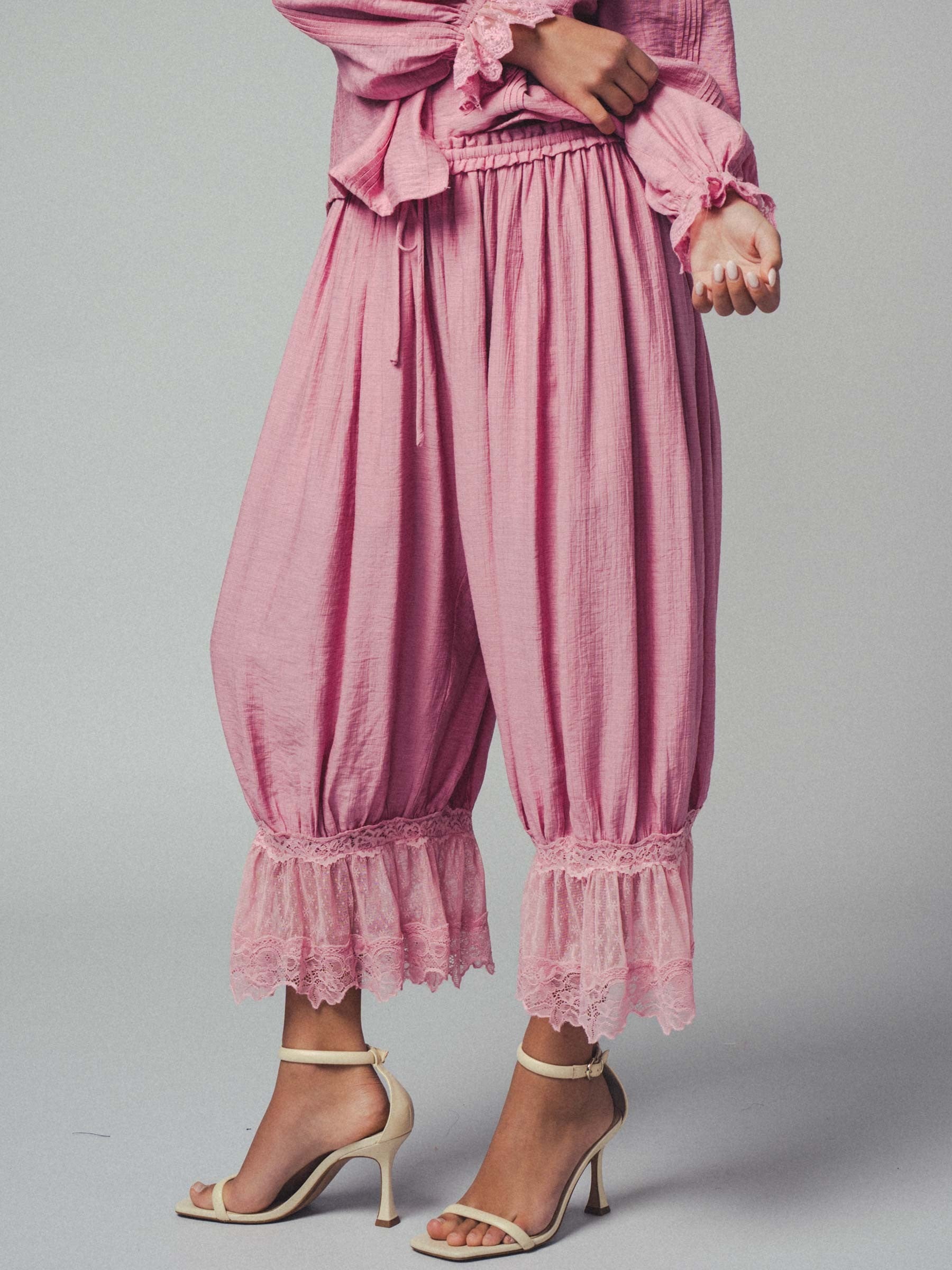 Boho Lace Trim Summer Linen Pants in PINK - Women's Pants | Urban Daizy