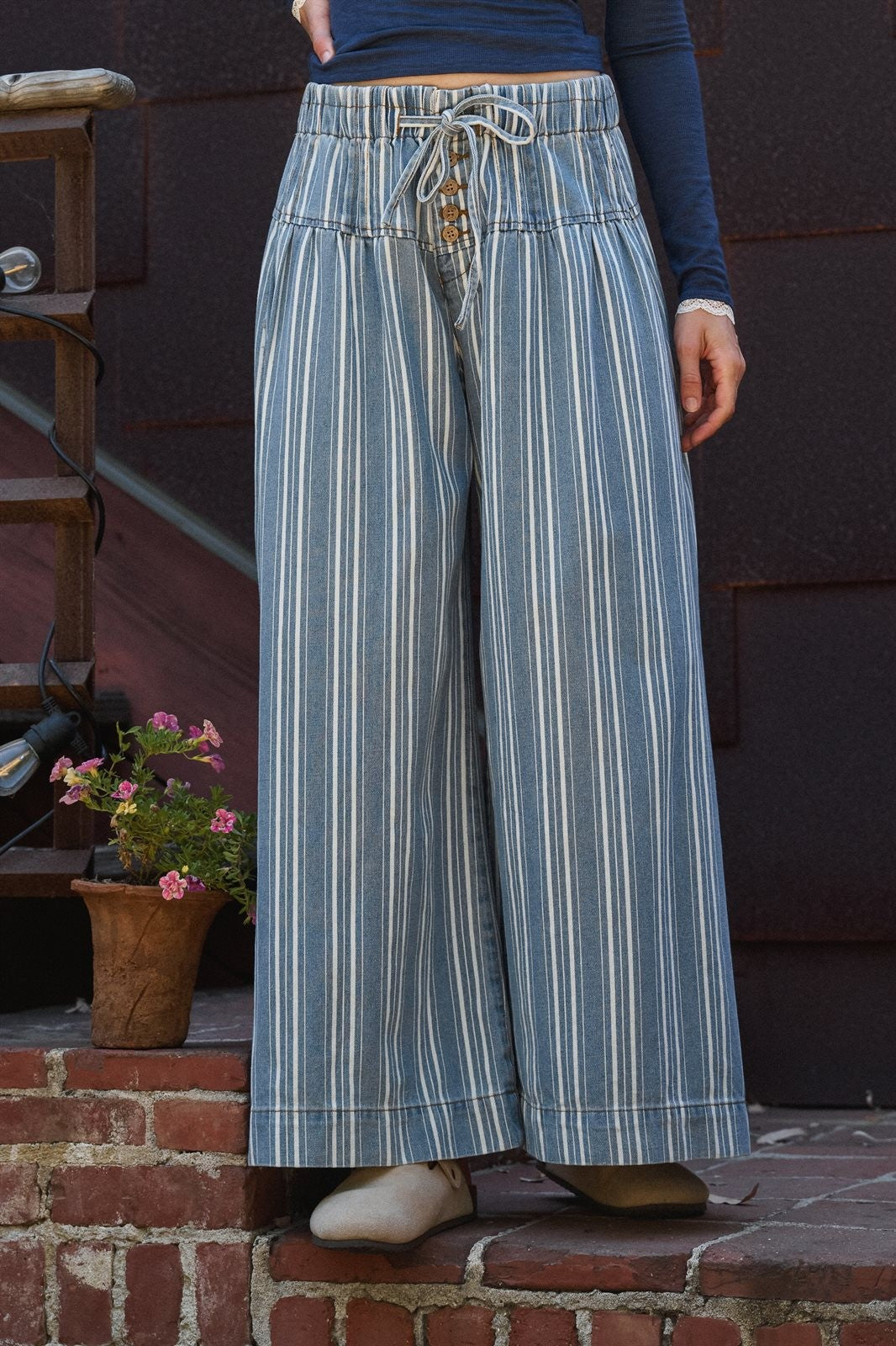 Striped Denim Wide Leg Palazzo Pants Vintage Wash Boho Coast in LT DENIM - Women's Casual Pants | Urban Daizy