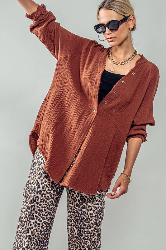 Urban Daizy PREMIUM SOFT FRAYED HEM GAUZE VINTAGE WASHED SHIRT Forest-Green Button Down Shirt - Women's (UDZ-TP-00225) –…