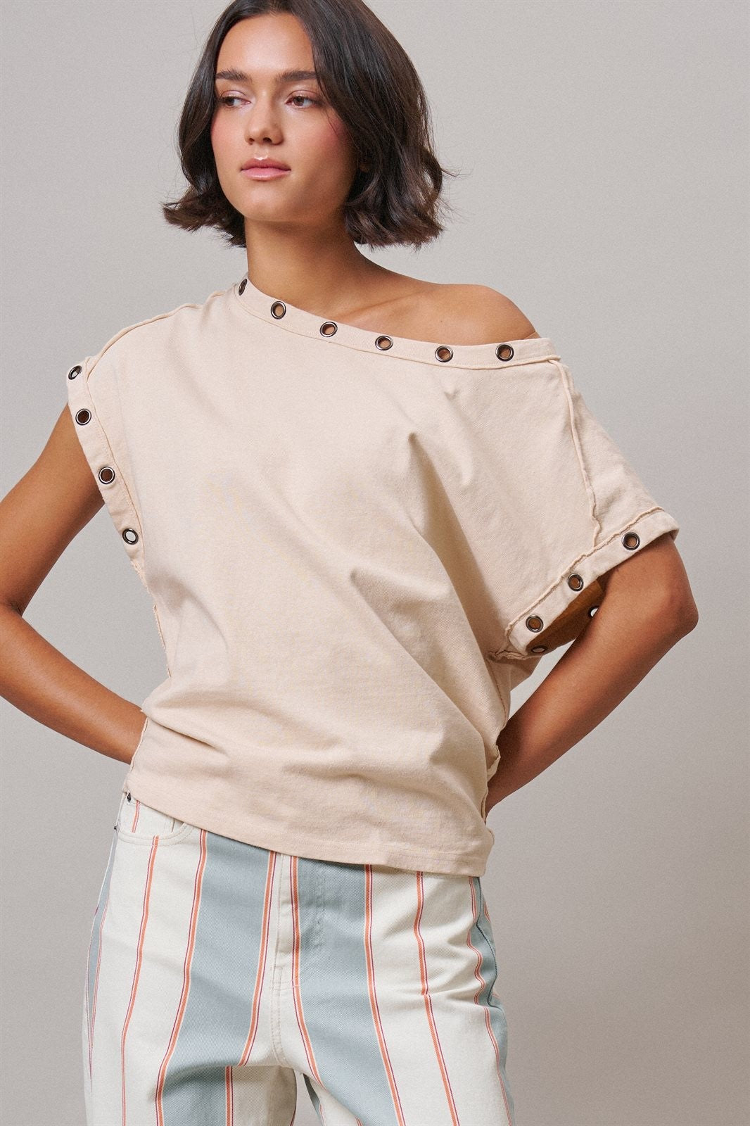 Grommet Trim Washed Cotton Boat Neck Top in CHALK - Women's T-Shirts & Polos | Urban Daizy