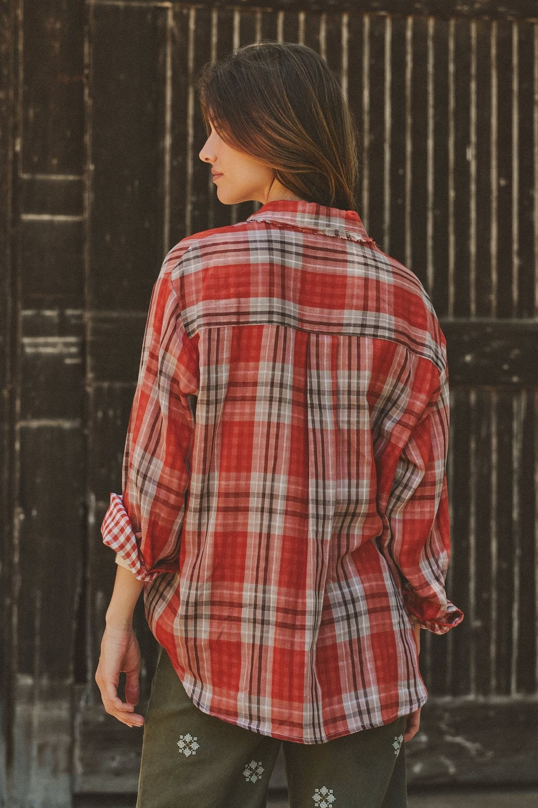 Oversized Plaid Cotton Button-Down Shirt in RUST - Women's Shirts & Blouses | Urban Daizy