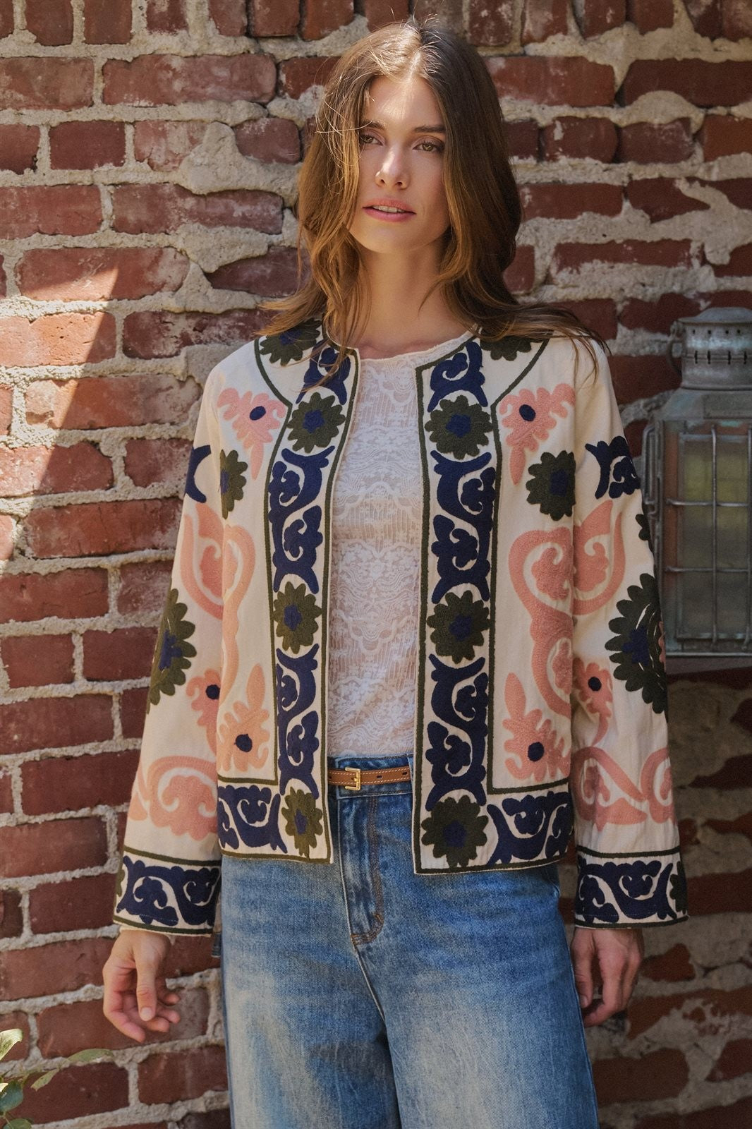 Suzani Embroidered Cotton Jacket with Floral Scroll in CREAM - Women's Jackets & Blazers | Urban Daizy