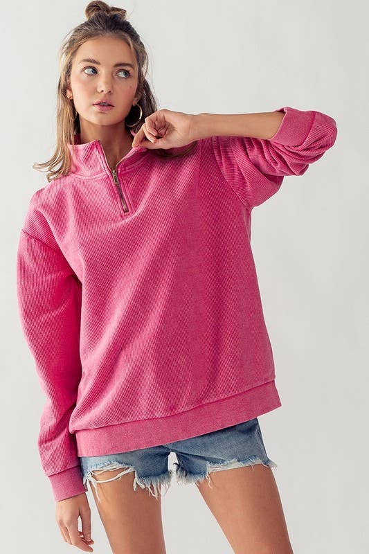 Urban Daizy Vintage Washed Quarter Zip Ribbed Sweatshirt Charcoal Sweatshirt - Women's (UDZ-KN-00255) – alternate view 27