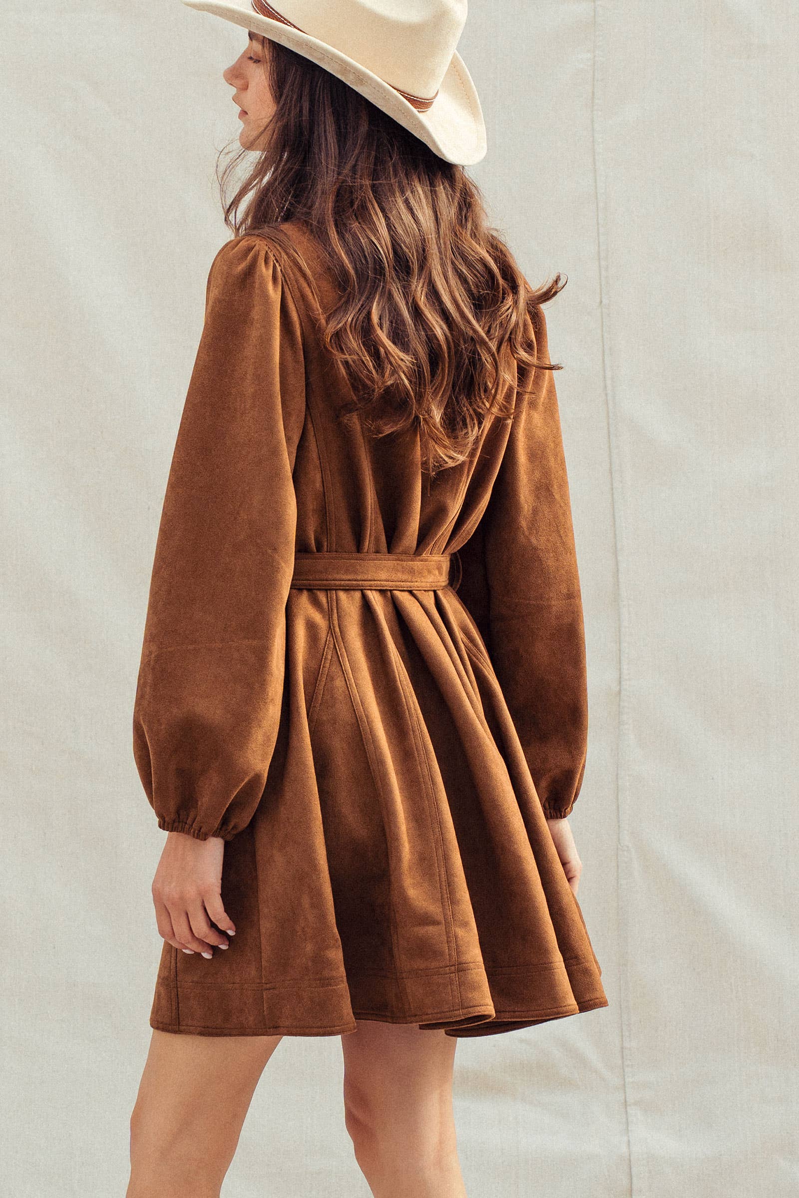 Western Suede Shirt Mini Dress–Belted Waist, Puff Sleeves
