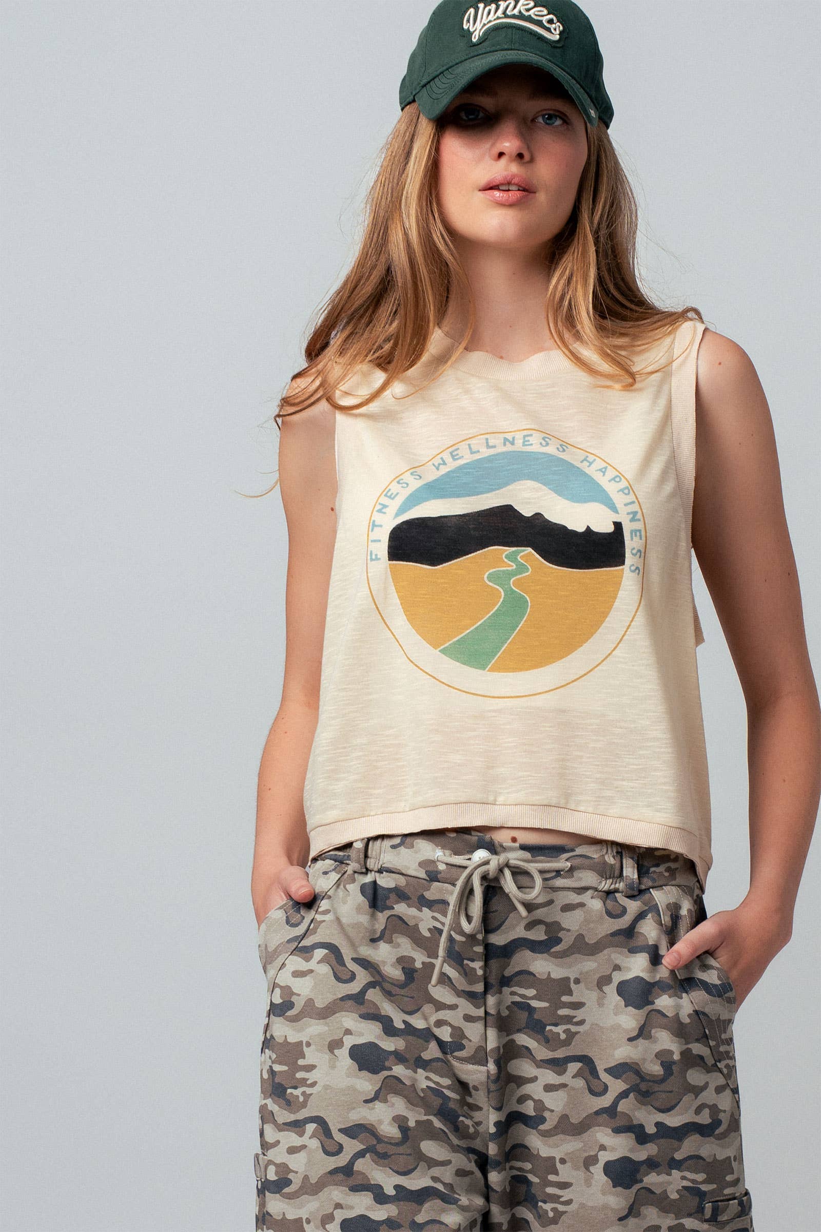 Urban Daizy "Wellness Happiness" Graphic Muscle Tank Lt-Khaki Tank Top - Women's (UDZ-TP-00977) – alternate view 2