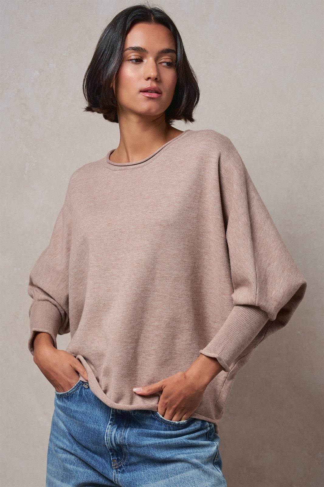 Dolman Sleeve Knit Top Boat Neck Boho Slouchy Sweater in MOCHA - Women's Sweaters | Urban Daizy