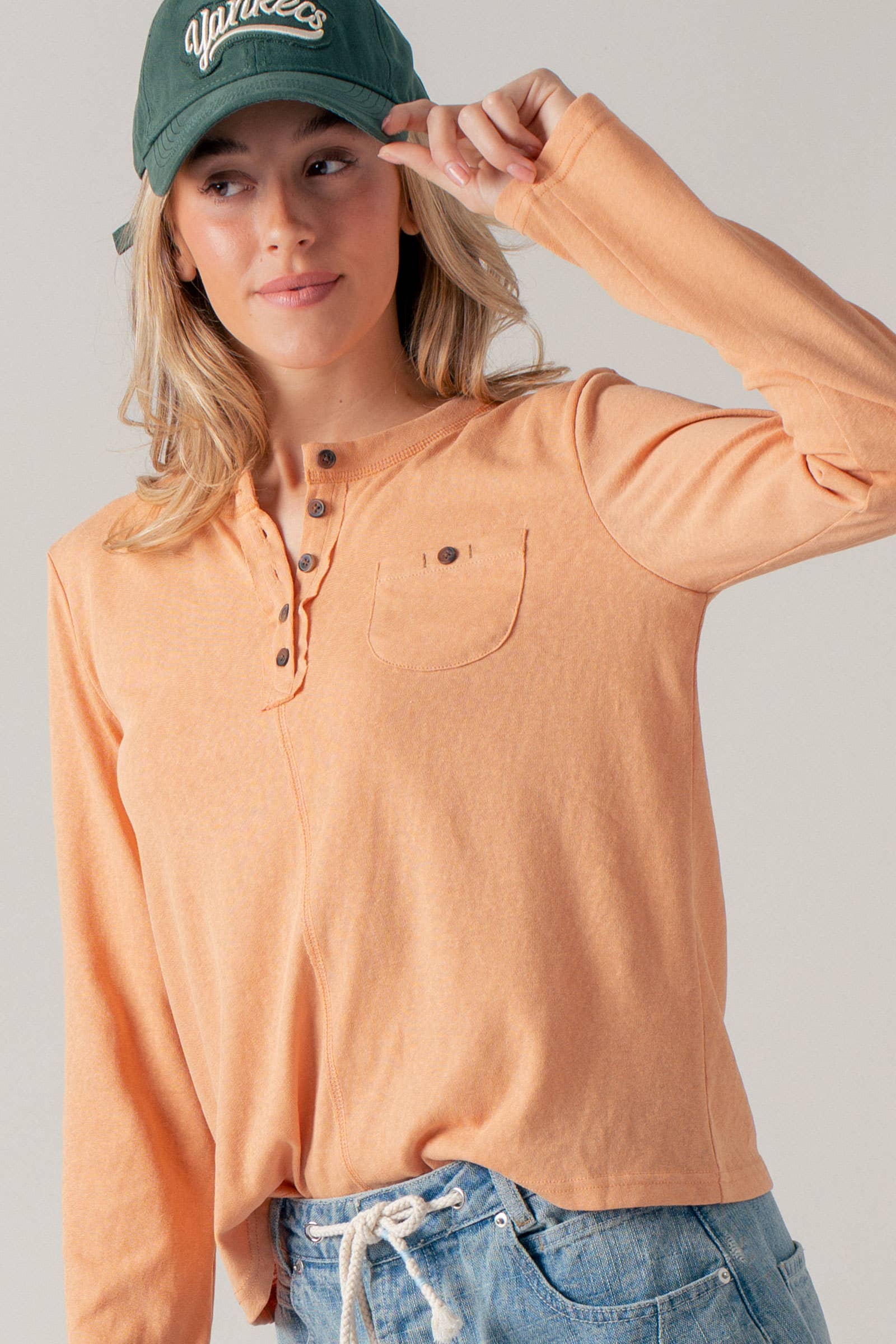 Long Sleeve Button-Front Henley Top