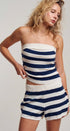 Urban Daizy Retro Striped Knit Bandeau & Shorts Co-ord Set Ivory-Navy Lounge Set - Women's (UDST0149-Ivory-Navy)