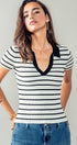 Urban Daizy Ribbed Stripe V-Neck Knit Top Ivory Knit Top - Women's (UDZ-TP-00562)