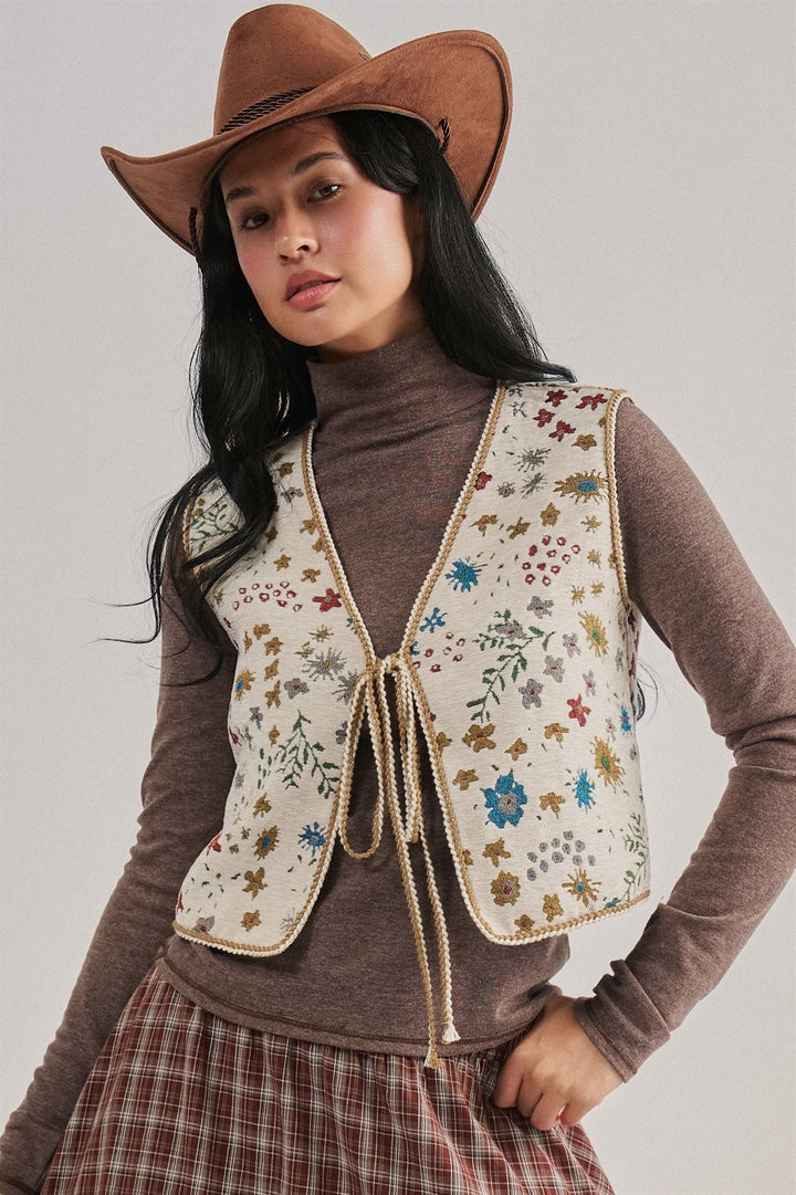 The Folklore Tapestry Vest in BEIGE MULTI - Women's Vests | Urban Daizy