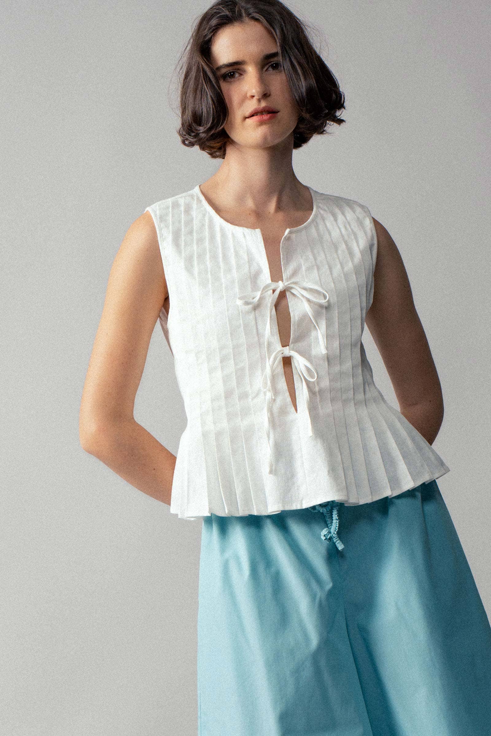 Urban Daizy Pleated Bow Front White Top Ivory Blouse - Women's (UDZ-DR-00389) – alternate view 18