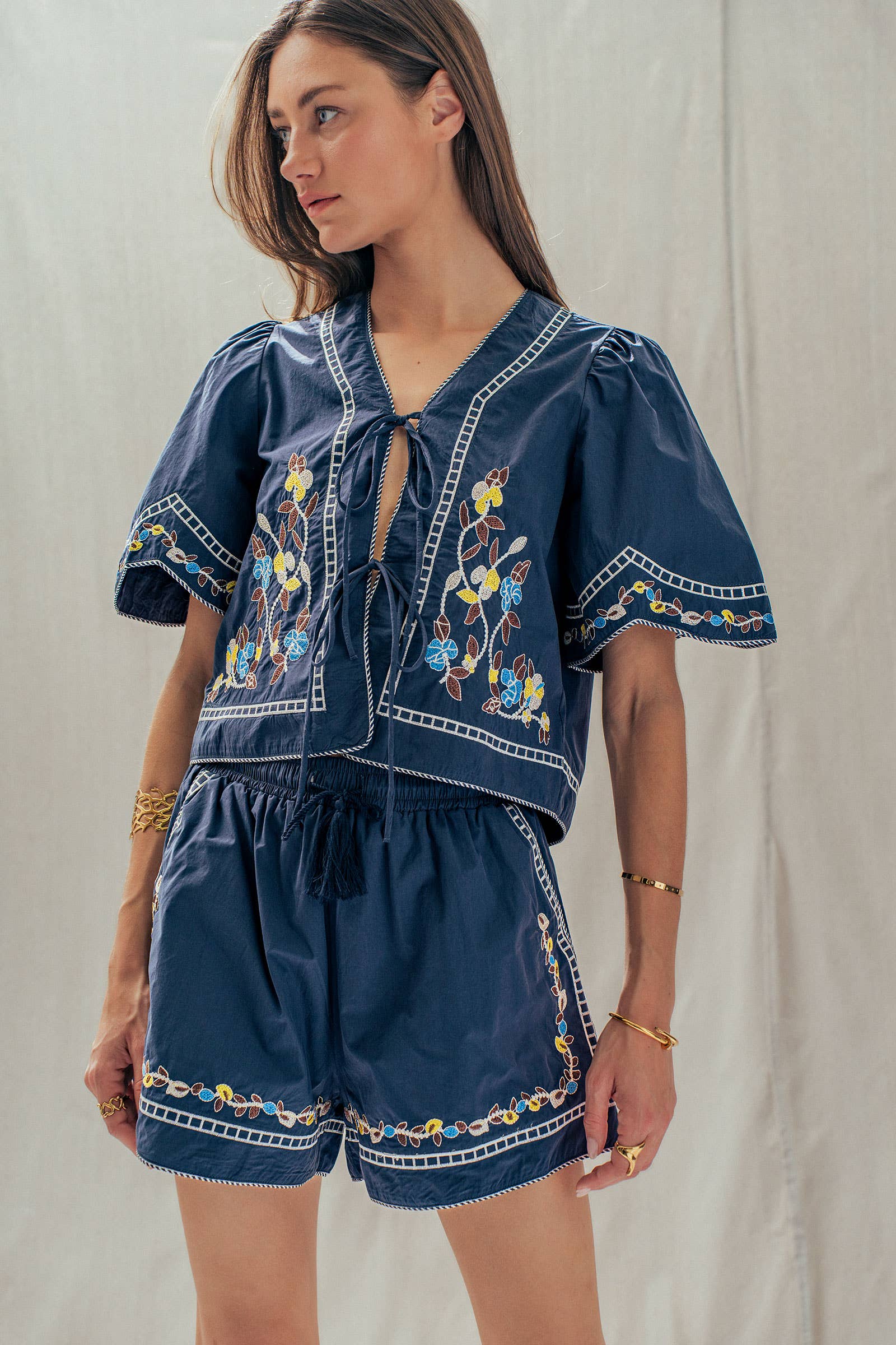 Floral Embroidered Drawstring Cotton Shorts