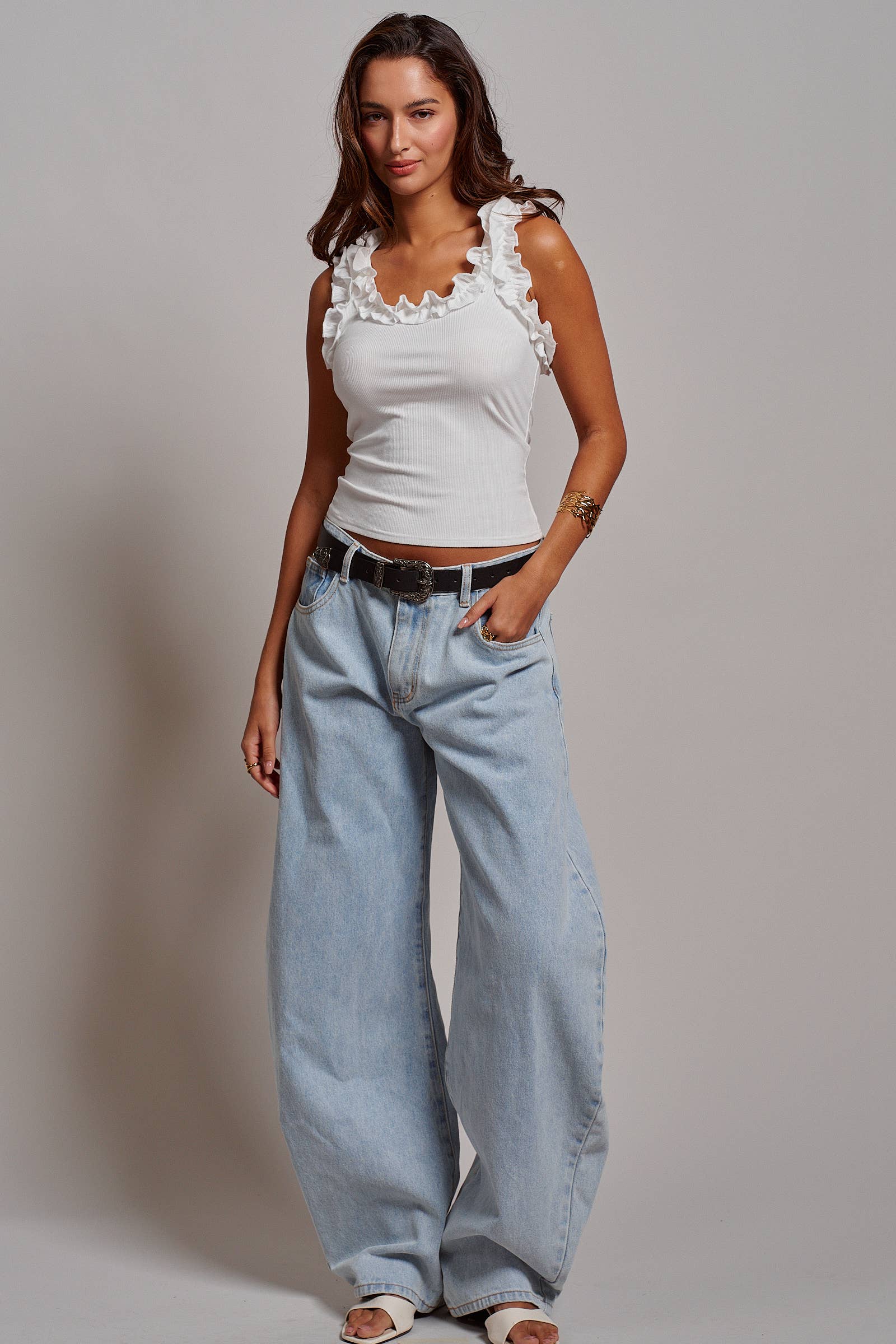 Ruffle Trim Ribbed Rayon Racerback Tank Top