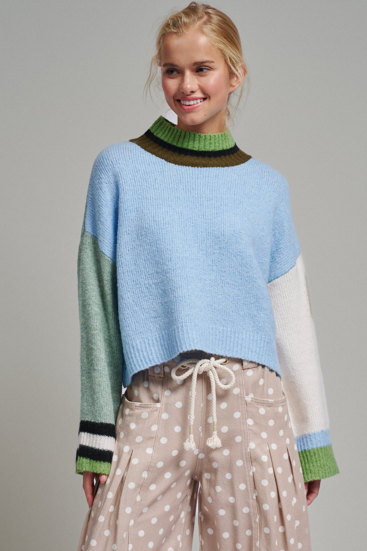 Paneled Hues Knit Sweater in BLUE SAGE - Women's Sweaters | Urban Daizy