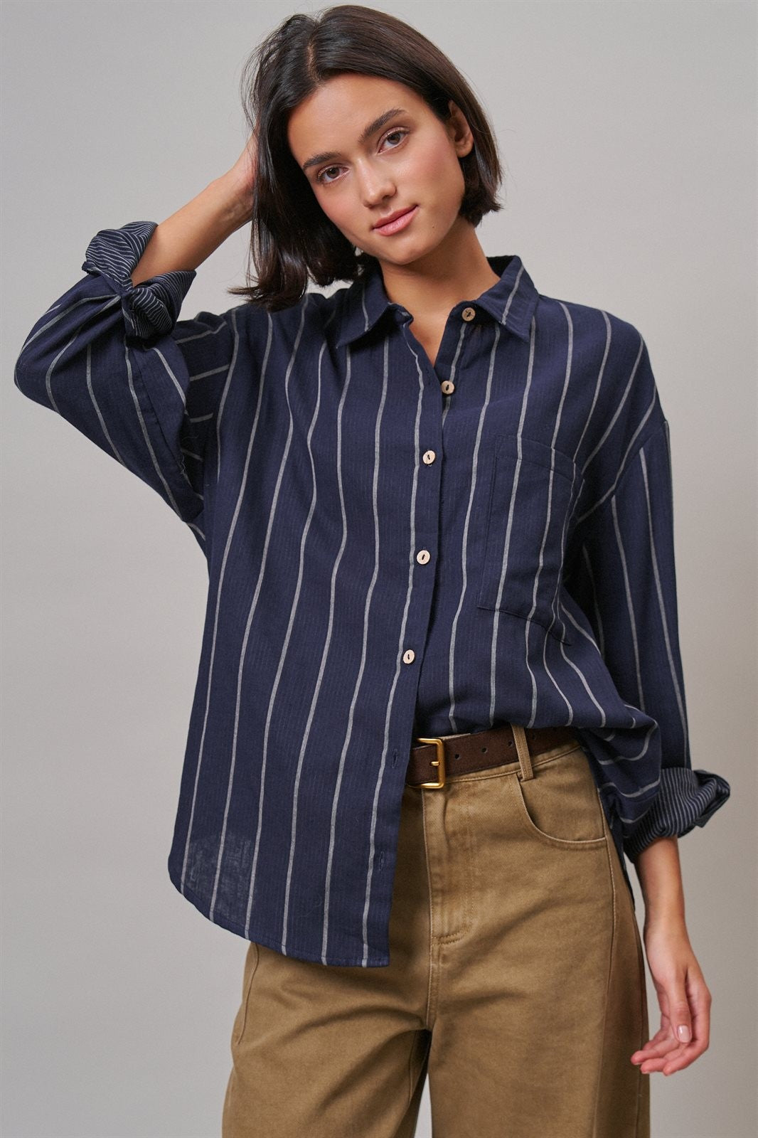 Oversized Striped Cotton Button-Down Shirt in NAVY - Women's Shirts & Blouses | Urban Daizy