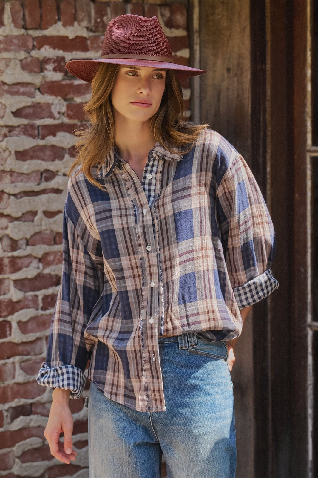 Oversized Plaid Cotton Button-Down Shirt in NAVY - Women's Shirts & Blouses | Urban Daizy