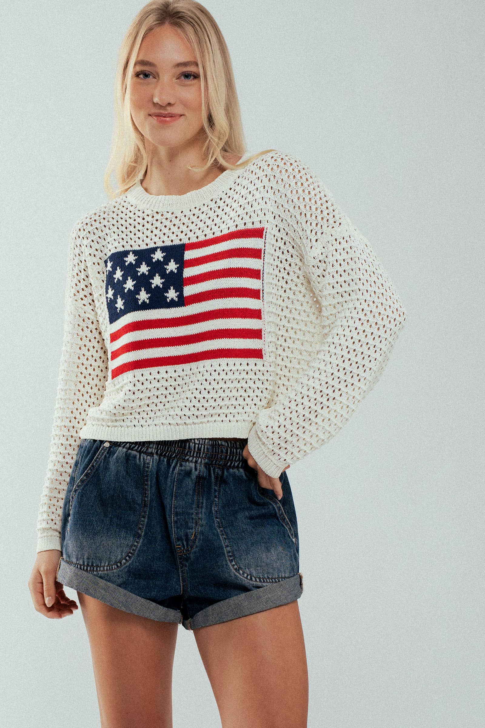 Urban Daizy Old American Flag Crochet Crewneck Sweater Ivory Knit Sweater - Women's (UDZ-KN-00502) – alternate view 10