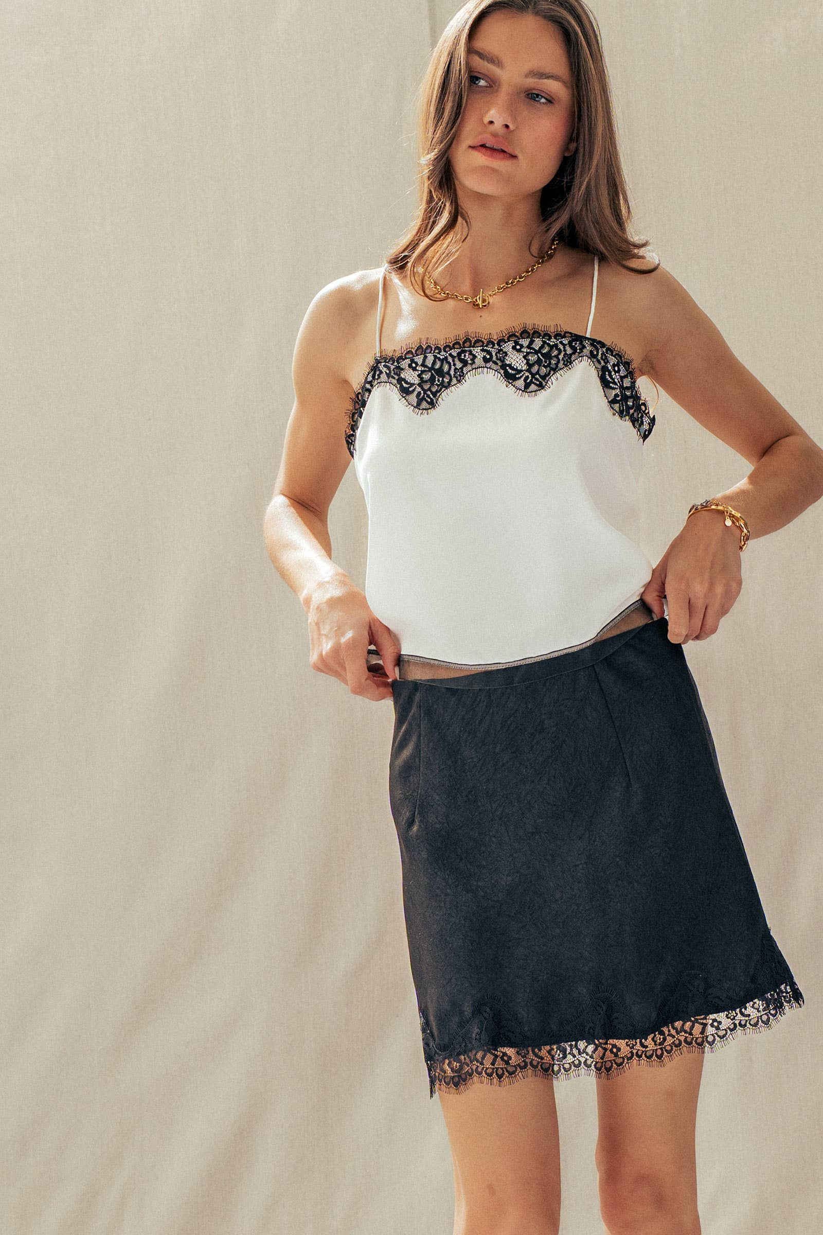 Scalloped Lace Trim Satin Camisole Top
