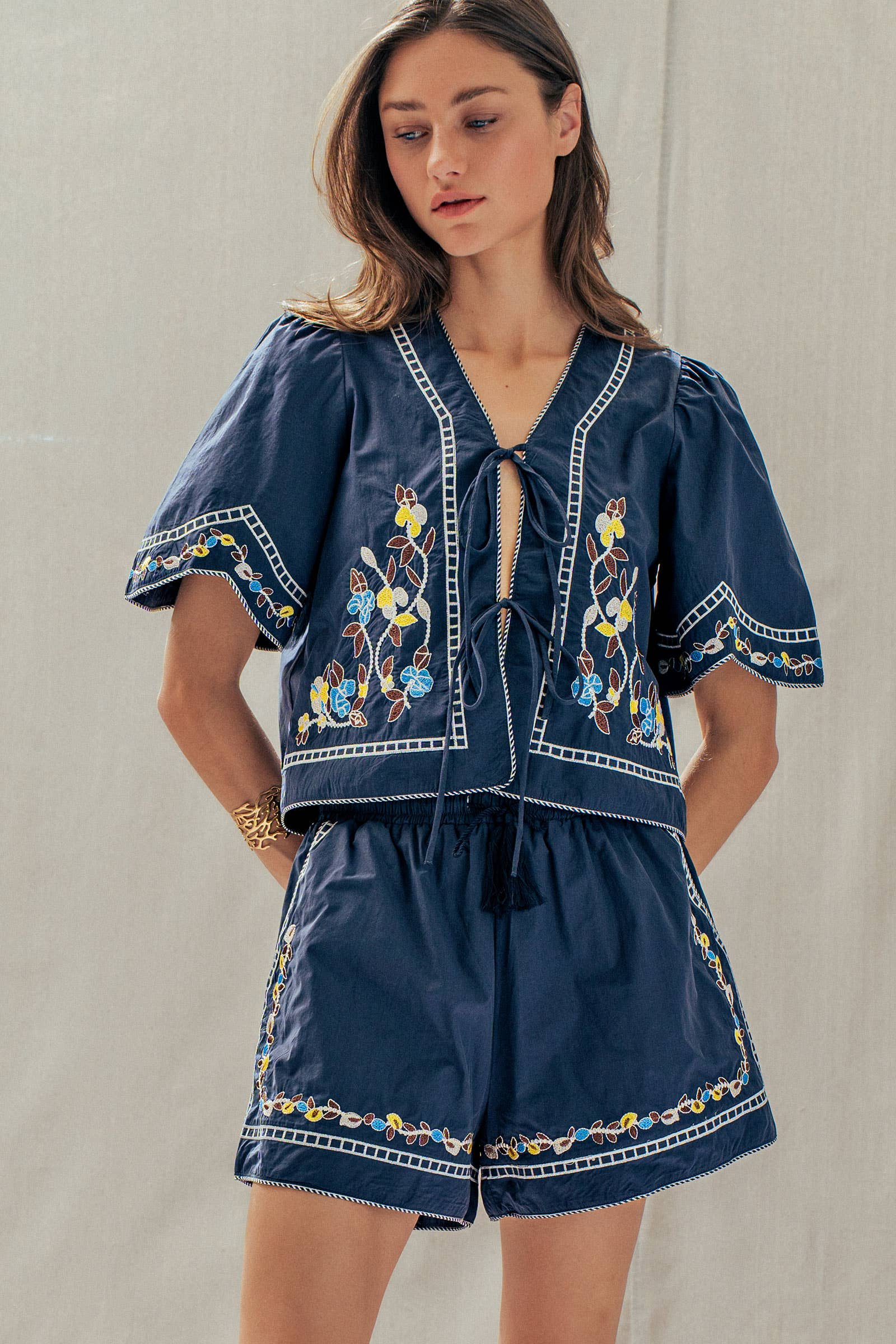 Floral Embroidered Tie Front Cotton Top