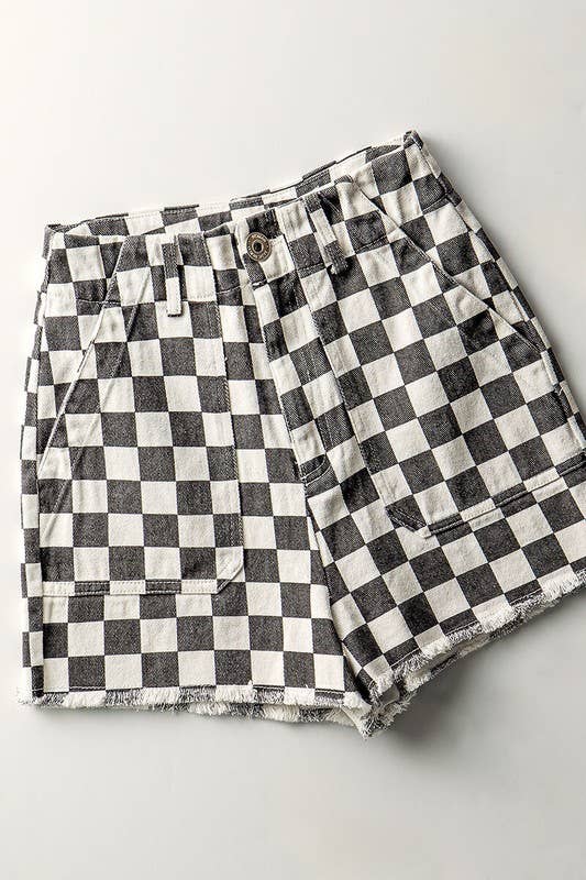 Retro Checkerboard Raw Hem Denim Shorts