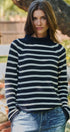 Striped Mock Neck Sweater with Rolled Neckline in IVORY NAVY - Women's Sweaters | Urban Daizy