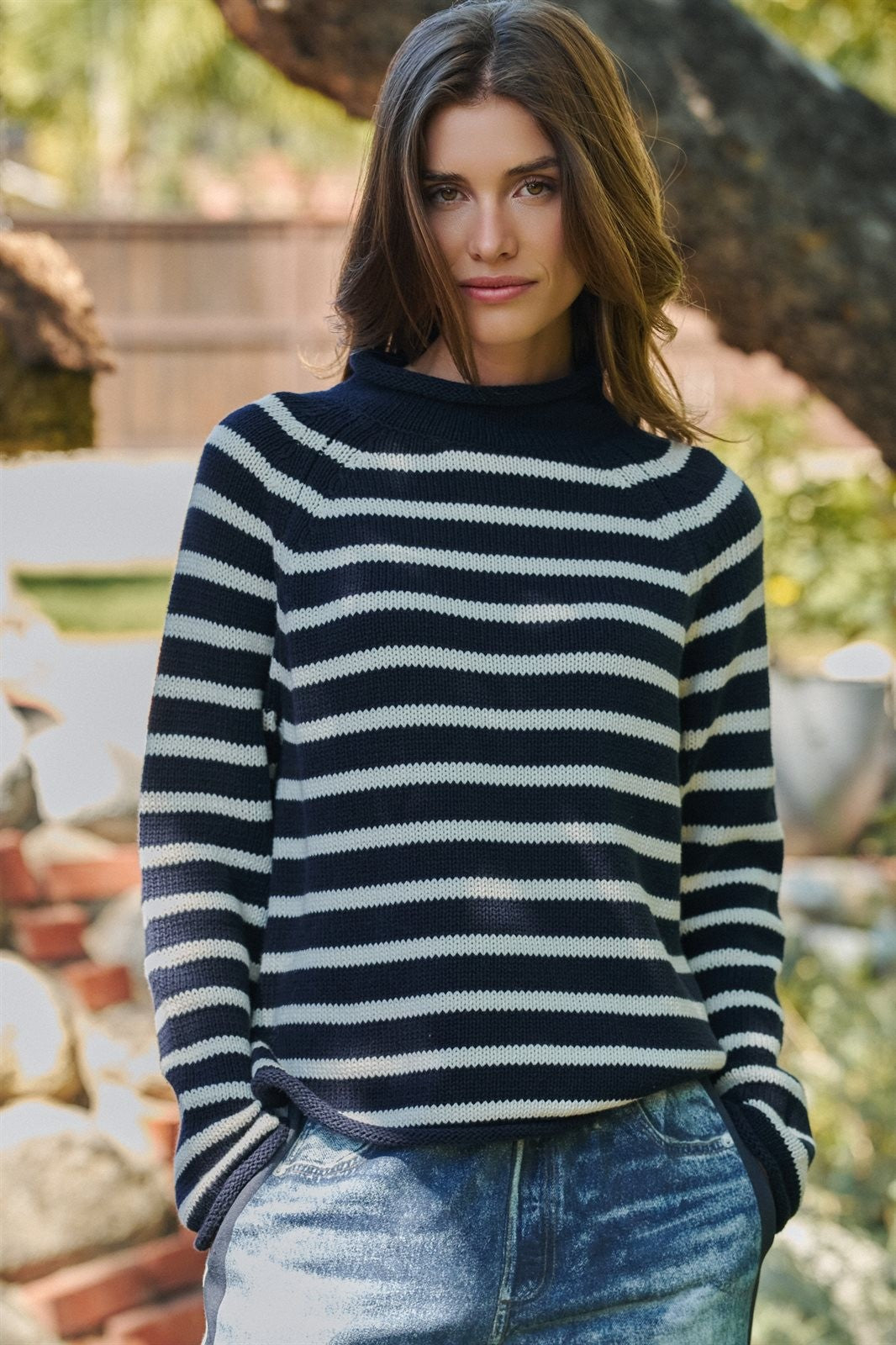Striped Mock Neck Sweater with Rolled Neckline in IVORY NAVY - Women's Sweaters | Urban Daizy