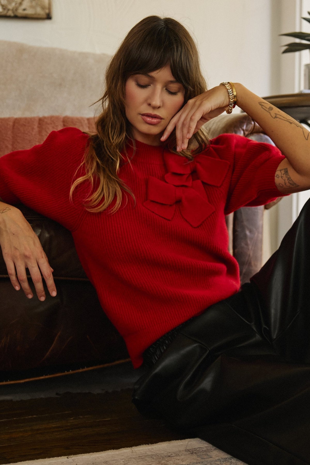Bow Detail Puff Sleeve Ribbed Knit Sweater in RED - Women's Sweaters | Urban Daizy