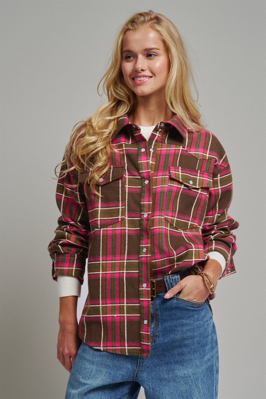 Oversized Plaid Button-Up Flannel Shirt w Pockets in BROWN MULTI - Women's Shirts & Blouses | Urban Daizy