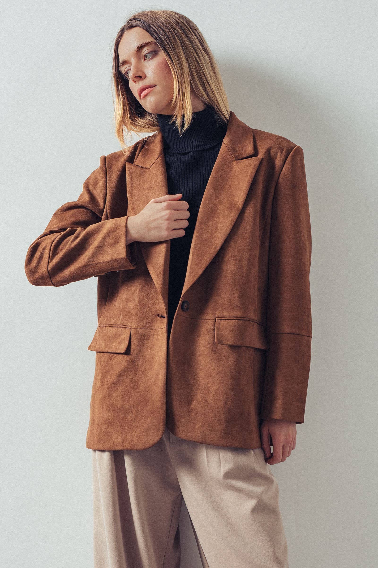 Relaxed Fit Notched Lapel Faux Suede Blazer