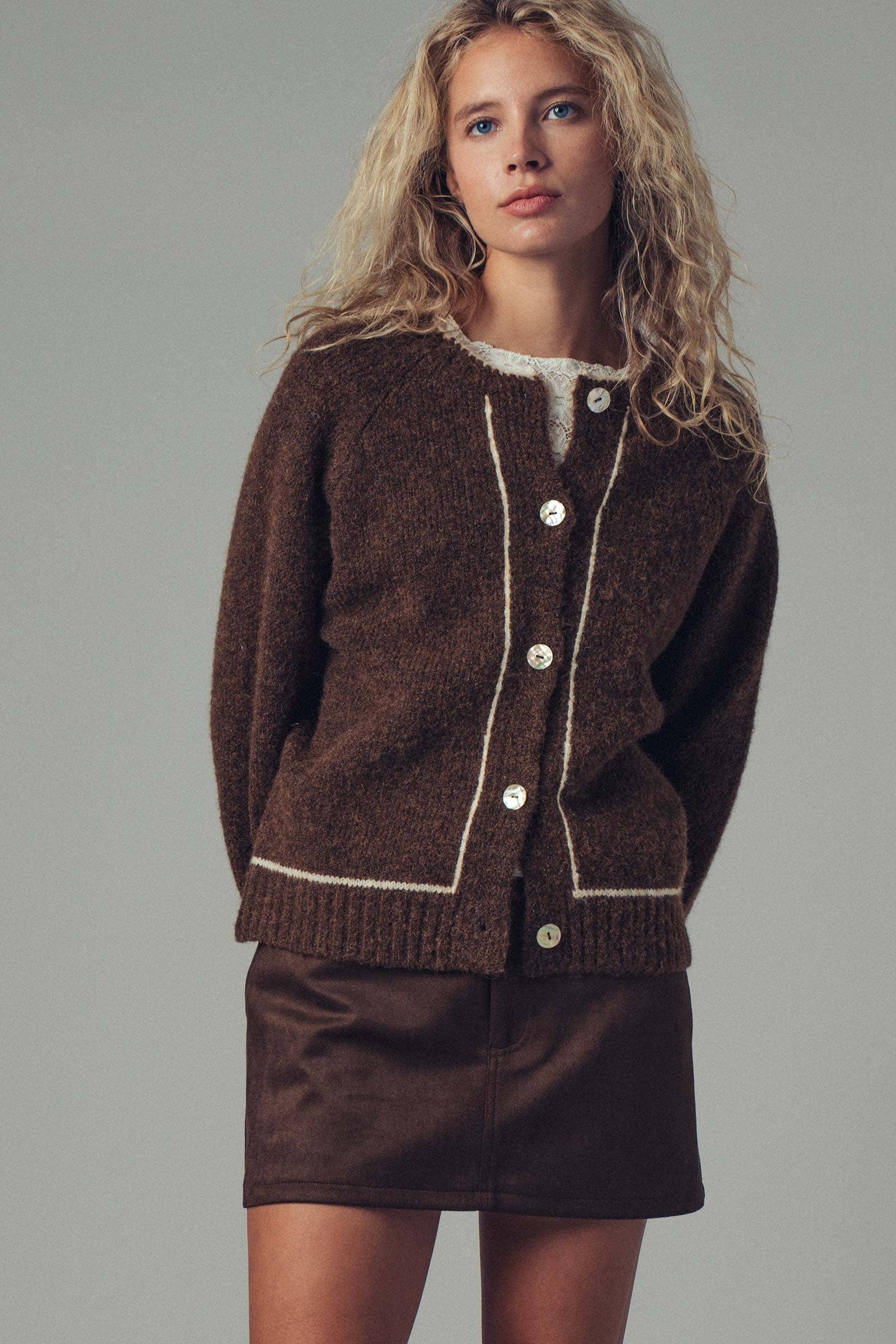 Urban Daizy Contrast Trim Boho Knit Button Cardigan Grey Cardigan - Women's (UDZ-PT-00355) – alternate view 10
