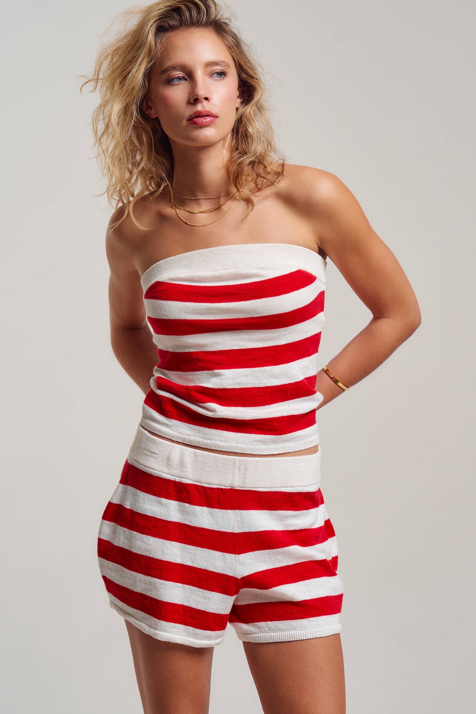 Urban Daizy Retro Striped Knit Bandeau & Shorts Co-ord Set Ivory-Navy Lounge Set - Women's (UDST0149-Ivory-Navy) – alternate view 2