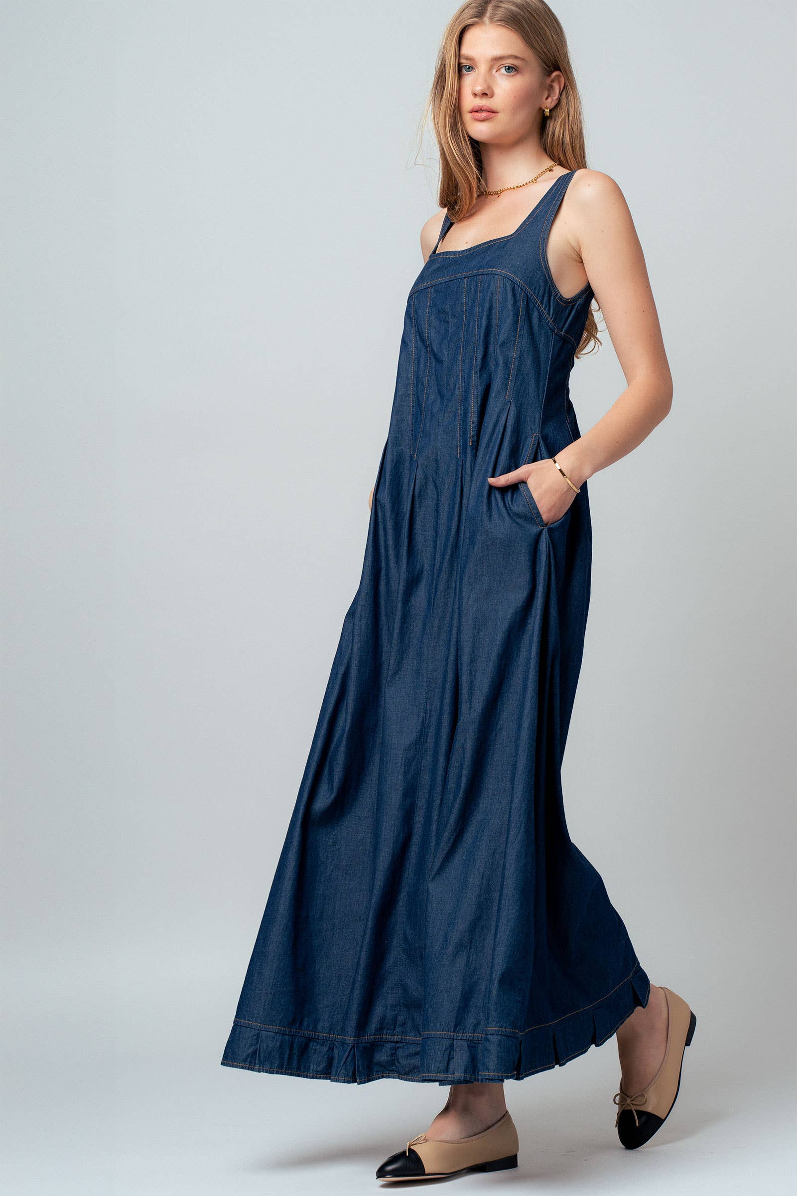 Smocked Back Denim Maxi Dress