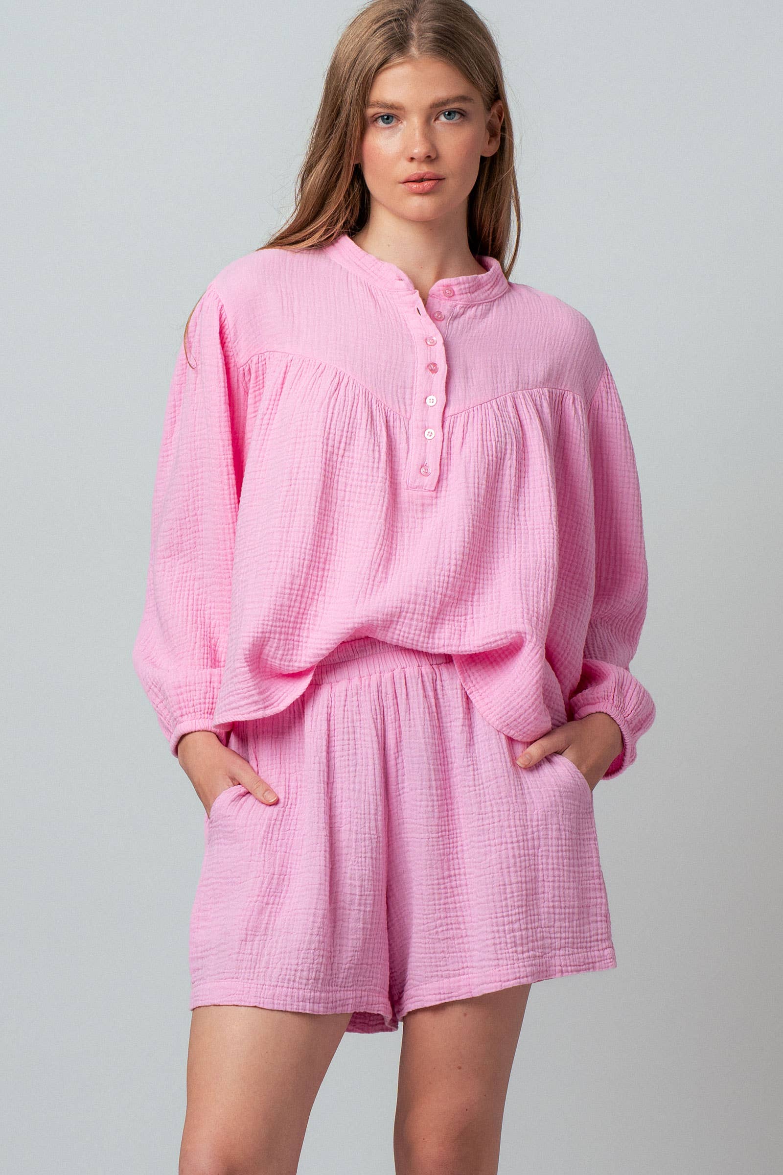 Garment Dyed Cotton Gauze Button Down Top And Shorts Set