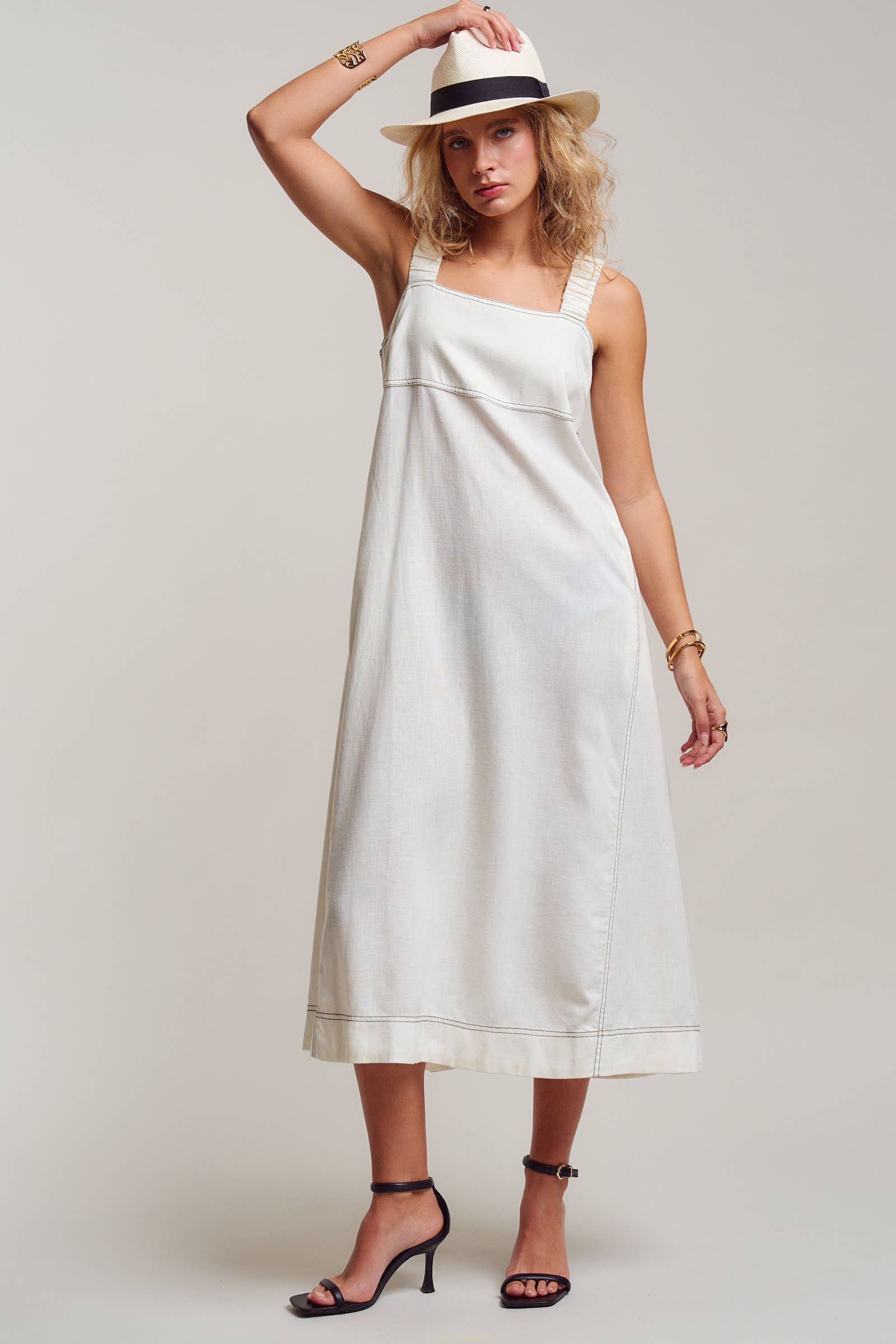 Contrast Stitch Square Neck Tencel Linen Midi Dress