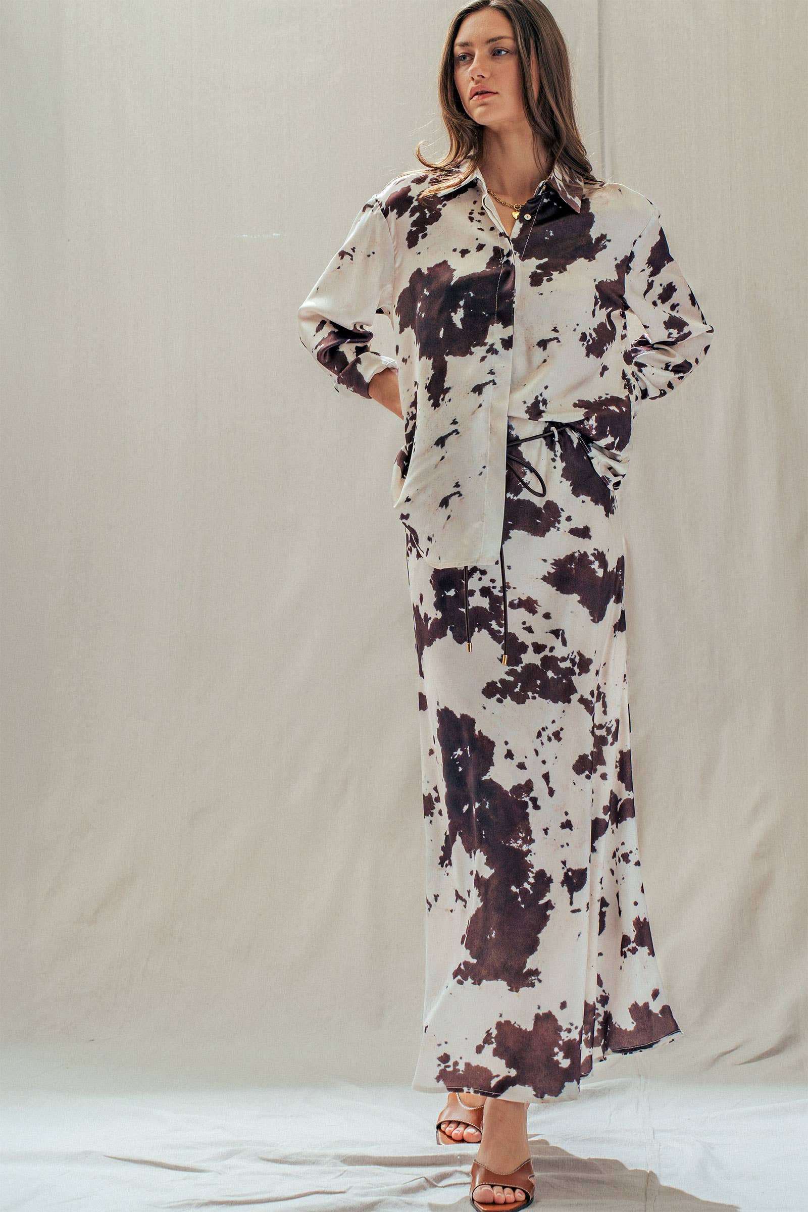 Urban Daizy Cowhide Print Satin Drawstring Midi Skirt Animal-Print Skirt - Women's (UDSK0074) – alternate view 7