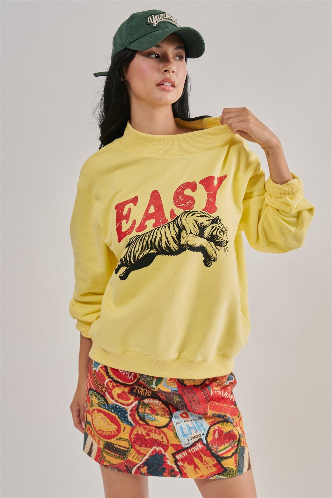 Easy Tiger Graphic Mock Neck Sweatshirt Brushed French Terry in YELLOW - Women's Sweatshirts & Hoodies | Urban Daizy