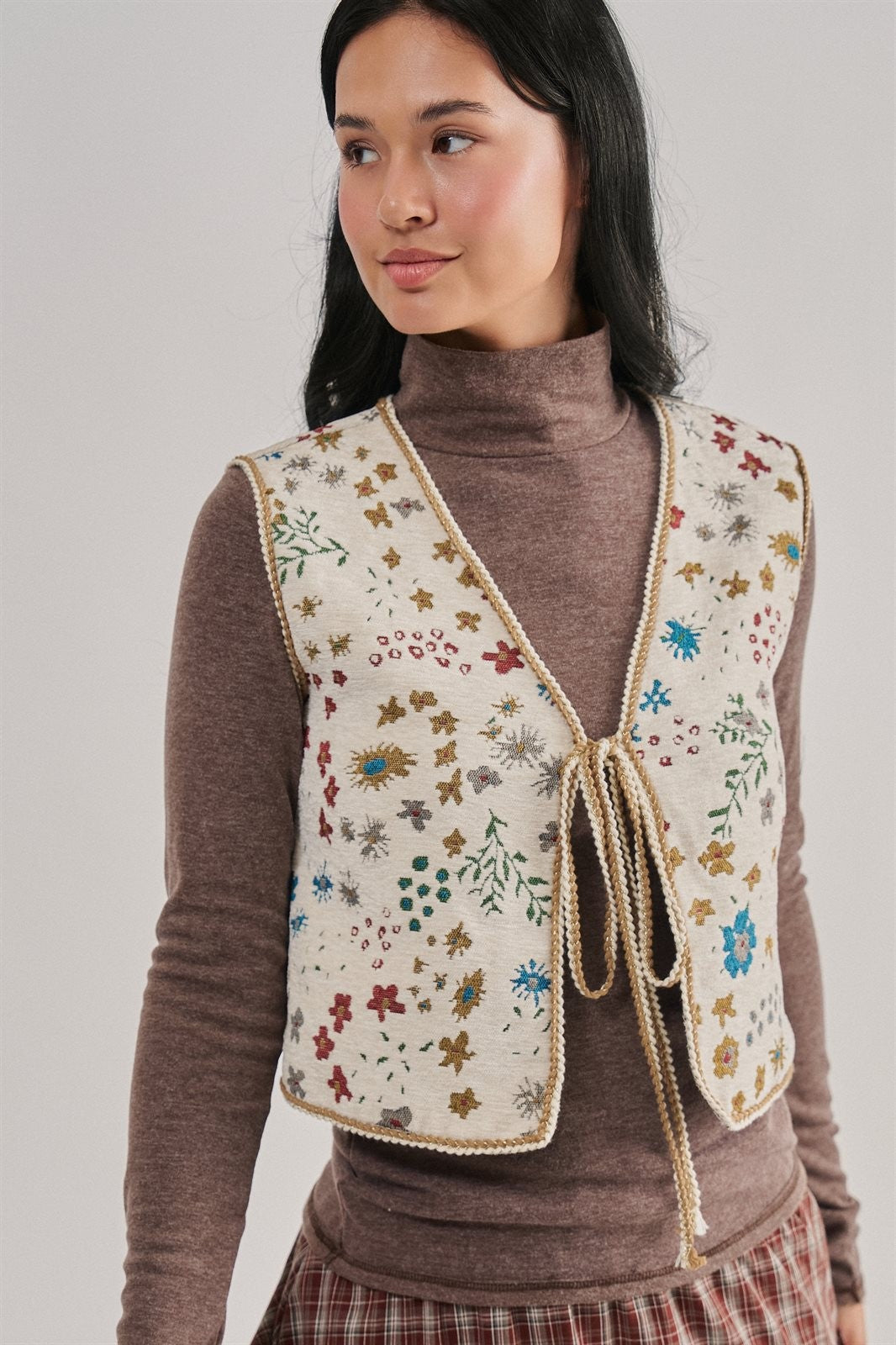 The Folklore Tapestry Vest in BEIGE MULTI - Women's Vests | Urban Daizy