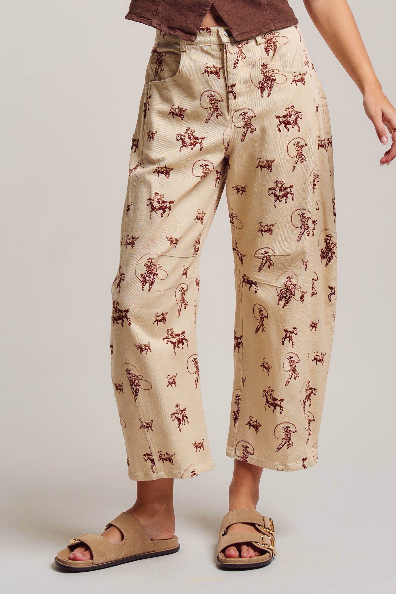 Urban Daizy Western Toile Print Barrel Leg Stretch Pants Lt-Khaki Pants - Women's (UDPT0076-Lt-Khaki) – alternate view 3
