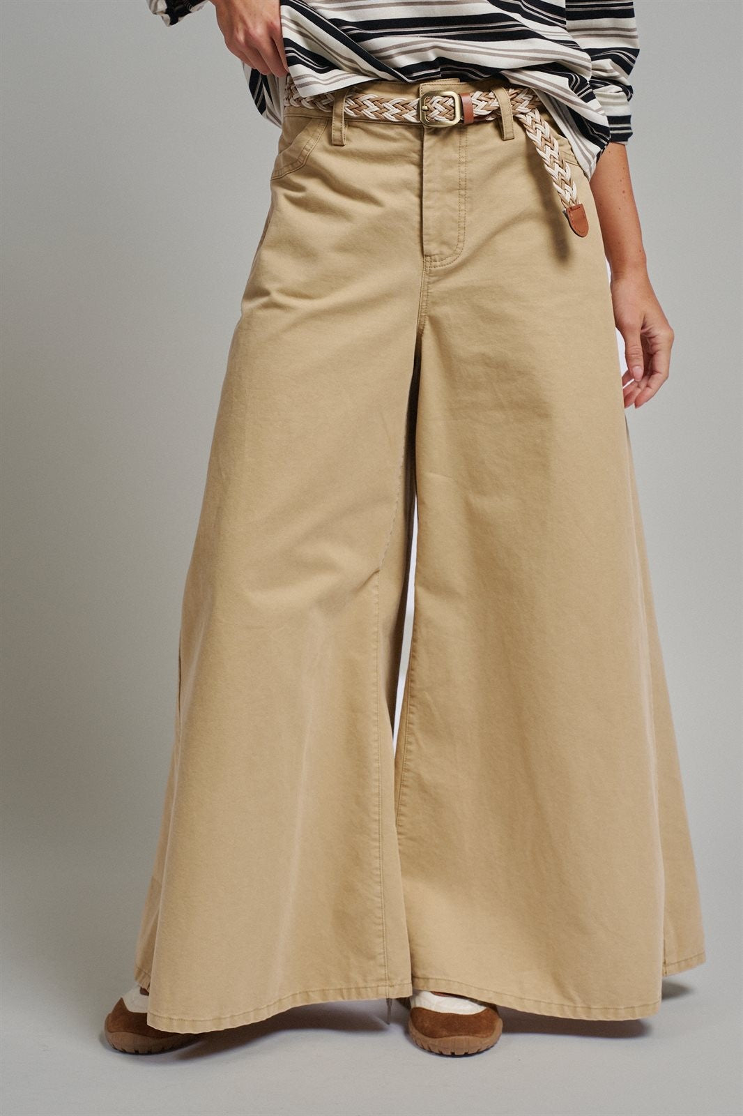 Washed Cotton Wide Leg Palazzo Pants with Woven Belt in KHAKI - Women's Casual Pants | Urban Daizy