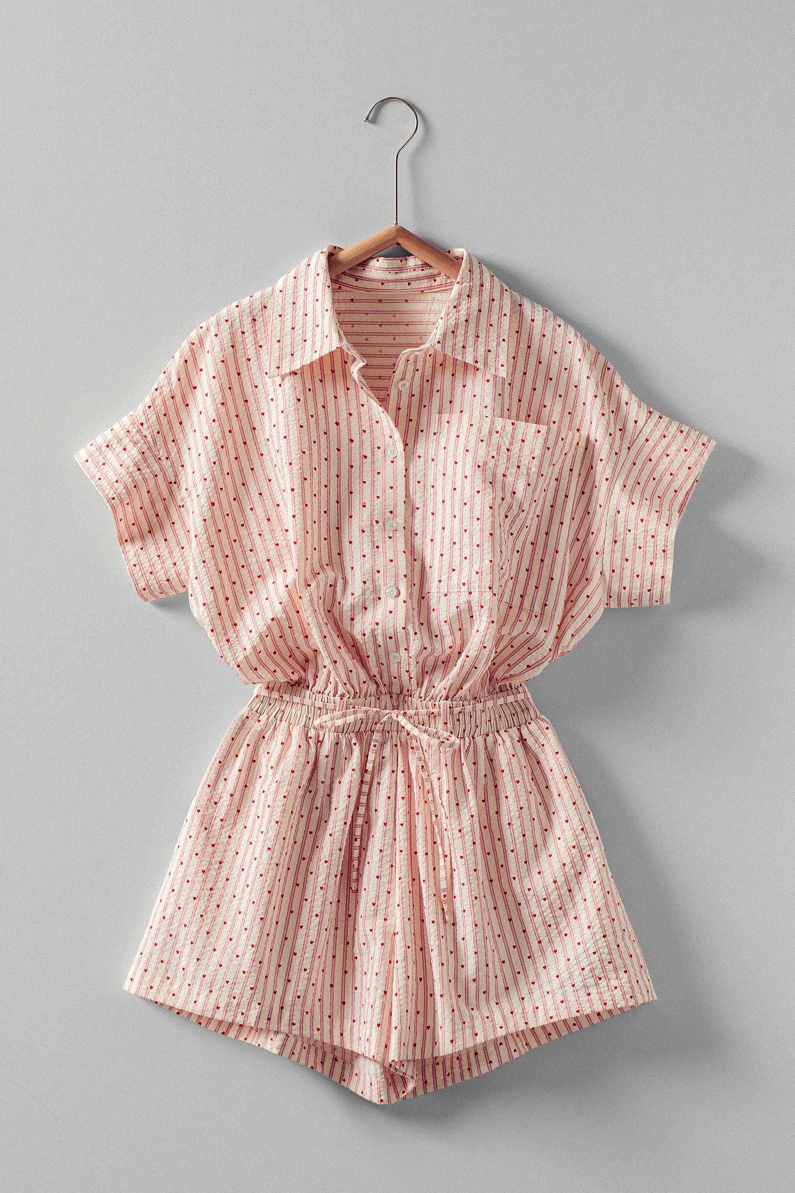 Urban Daizy Heart Stripe Collared Drawstring Romper Ivory-Pink Romper - Women's (UDZ-JR-00070)
