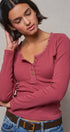 Ribbed Henley Top with Crochet Trim Neckline in MAUVE - Women's T-Shirts & Polos | Urban Daizy