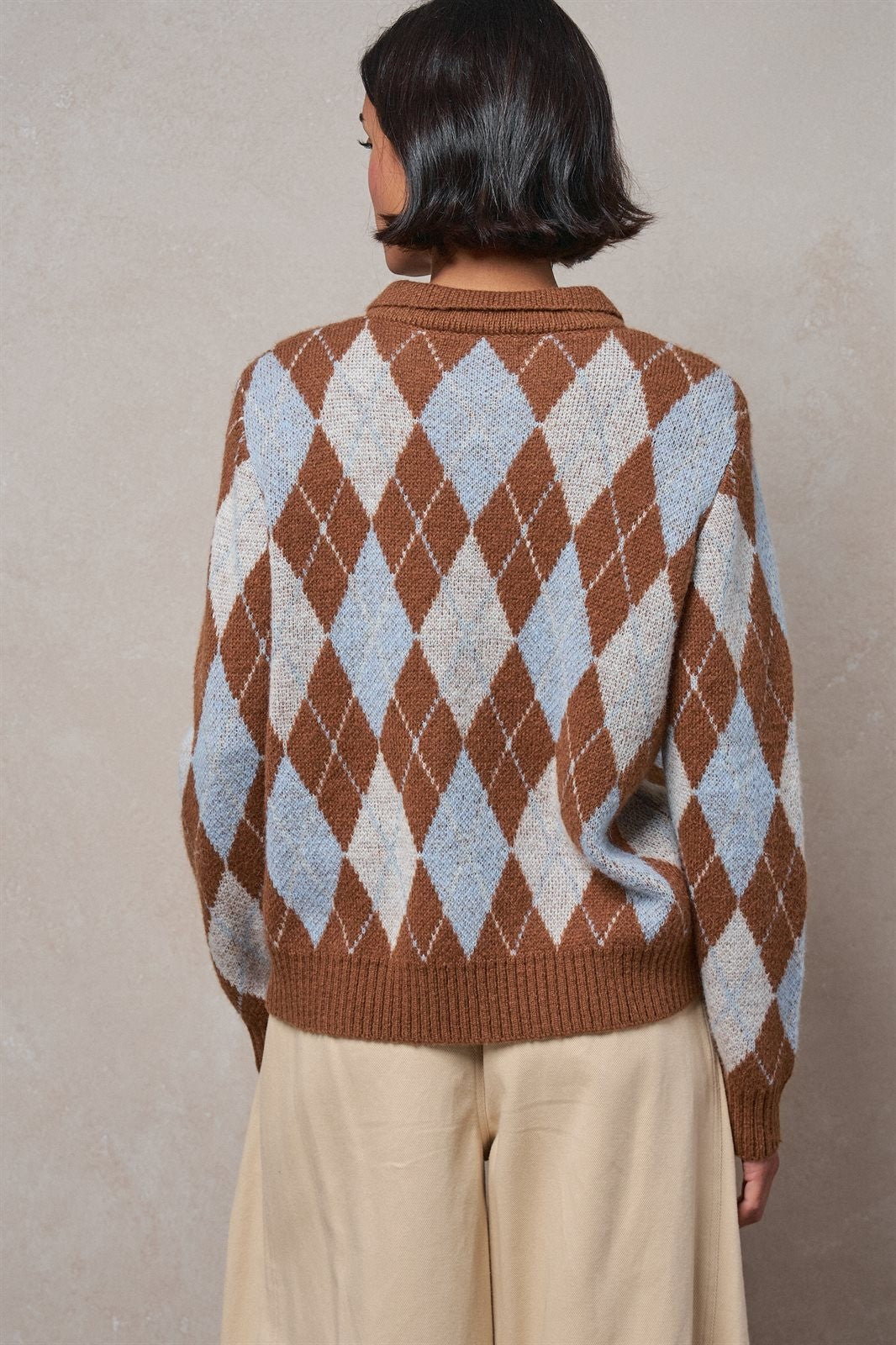 Argyle Polo Collar Sweater in BROWN MULTI - Women's Sweaters | Urban Daizy