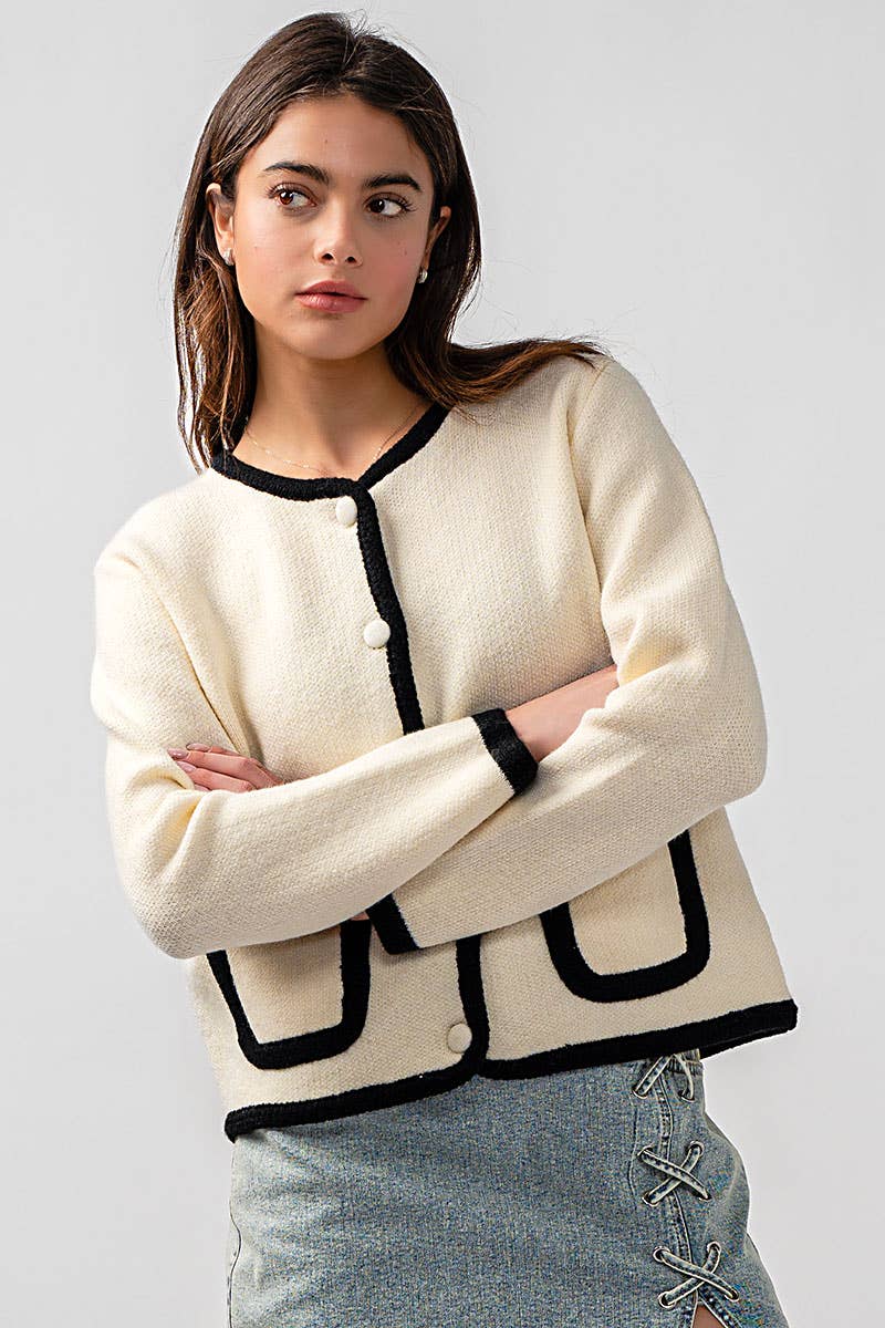 Urban Daizy Classic Contrast Trim Patch Pocket Cardigan Ivory Cardigan - Women's (UDZ-KN-00363) – alternate view 20