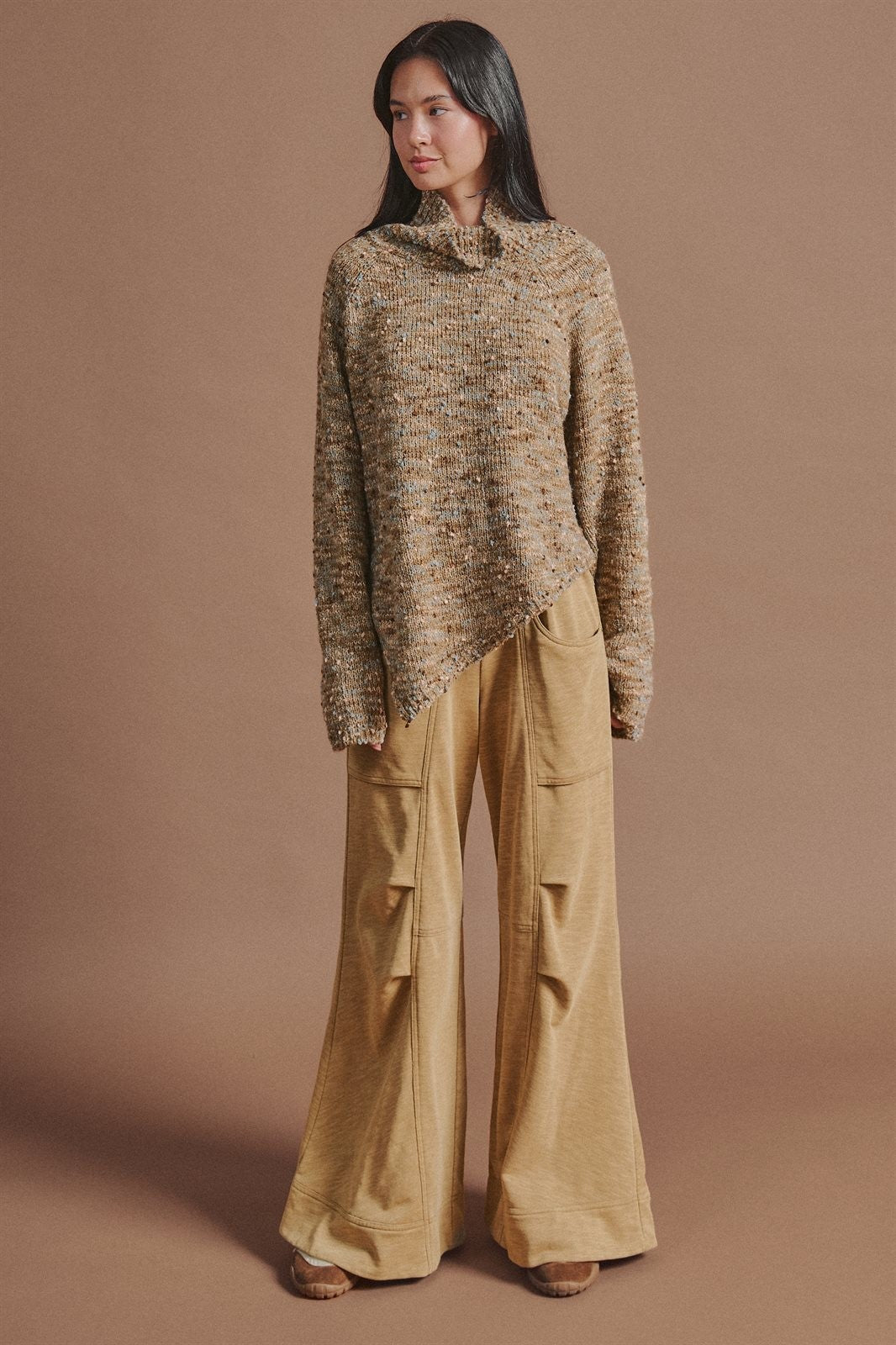Chunky Knit Mock Neck Oversized Poncho Sweater in BROWN - Women's Sweaters | Urban Daizy
