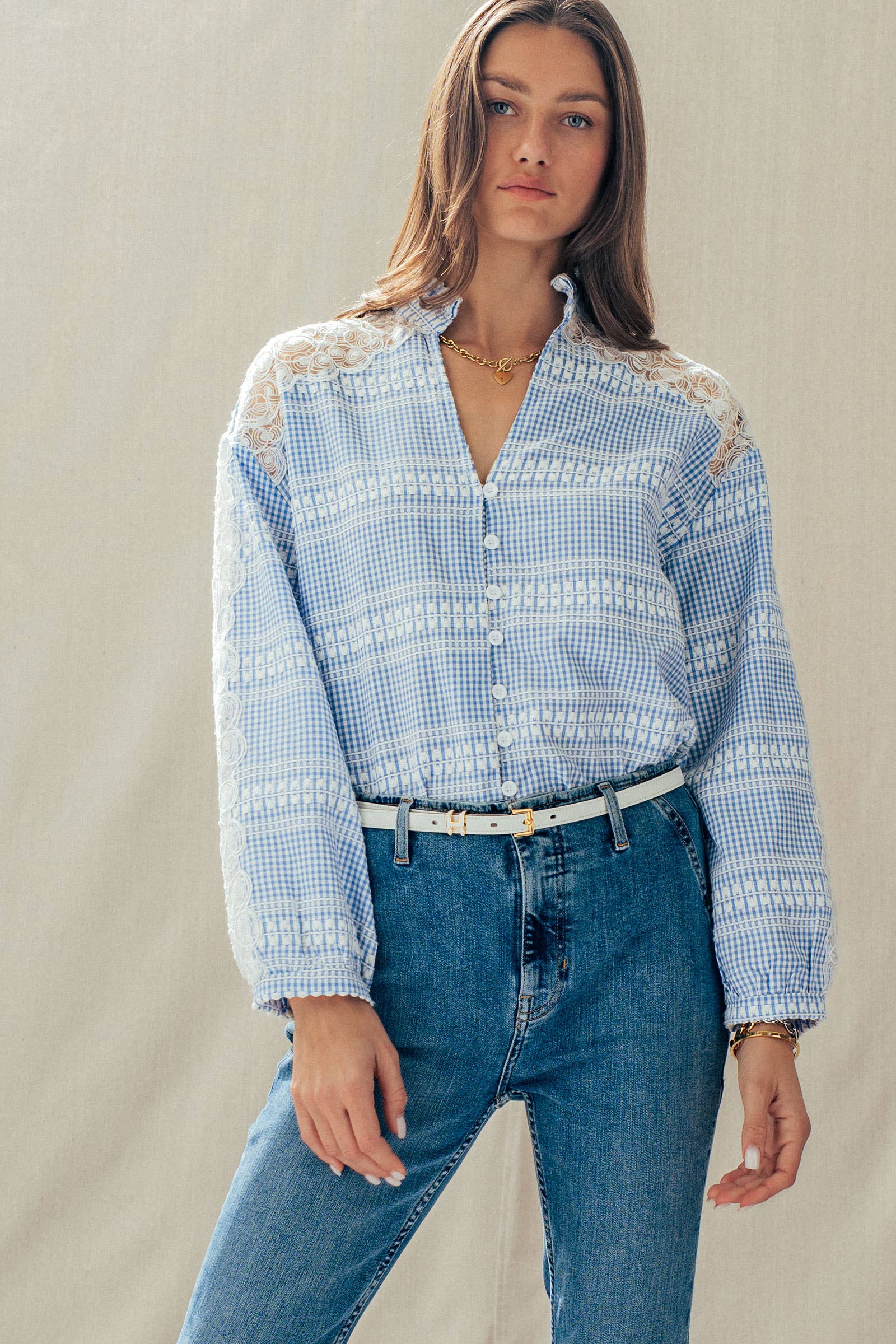 Urban Daizy Gingham Plaid Blouse Lace Insert Long Sleeve Blue Button Down Shirt - Women's (UDZ-TP-01056) – alternate view 8